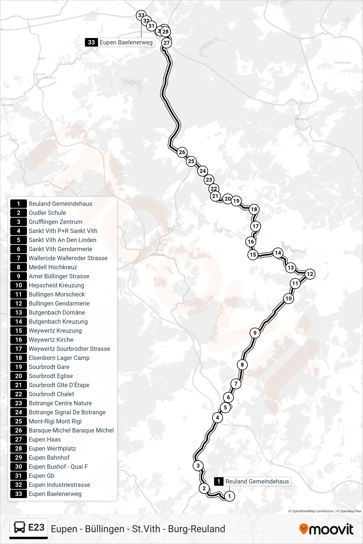 Lijn E23 (bus, Reuland Gemeindehaus→Eupen Baelenerweg): route en haltes op de kaart