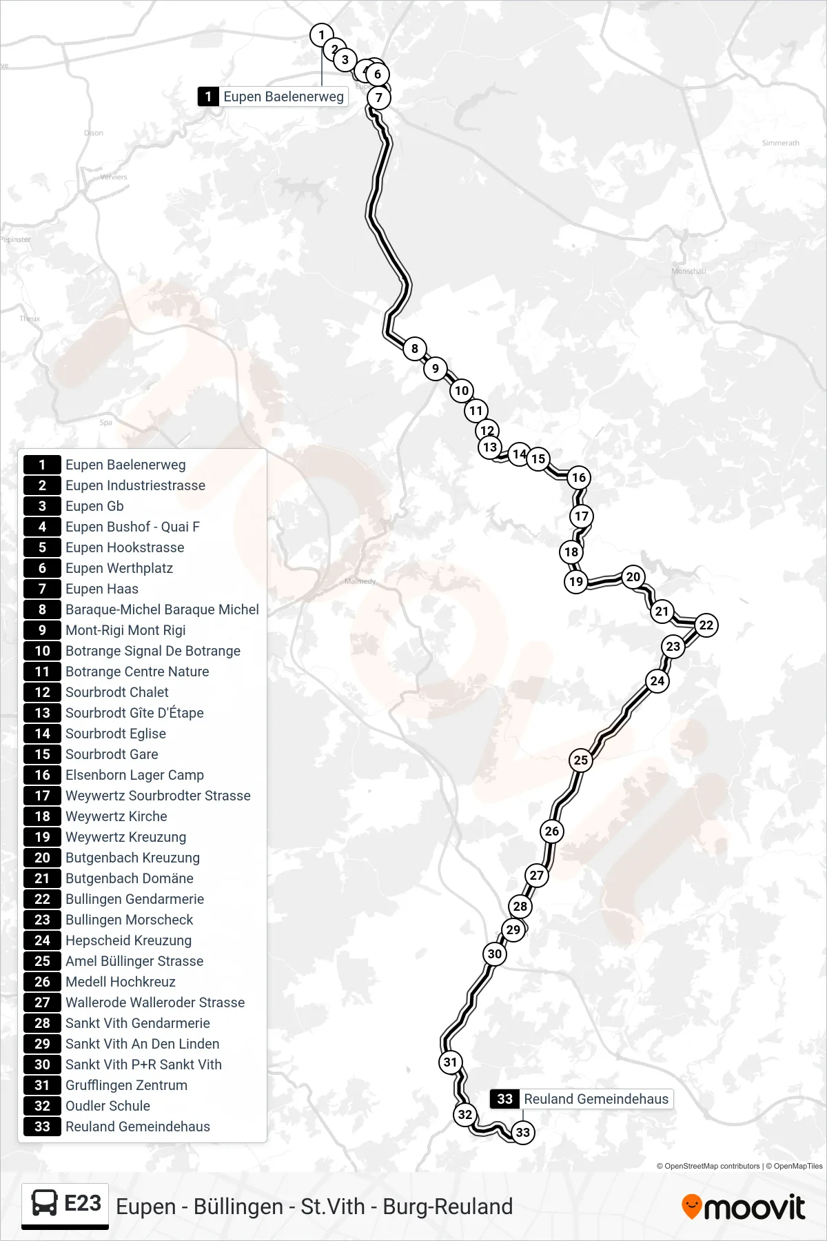 E23 bus Line (Eupen Baelen Road‎→Reuland Town Hall) route and stops on a map