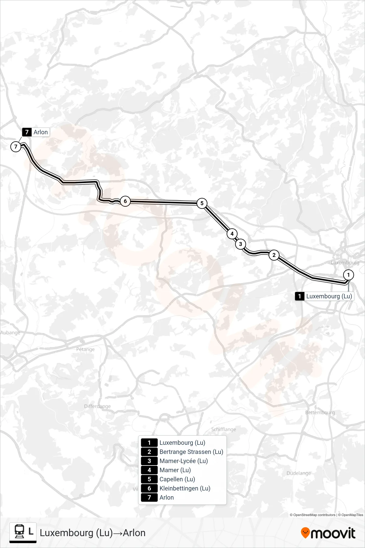 Lijn L (trein, Luxembourg (Lu)→Arlon): route en haltes op de kaart