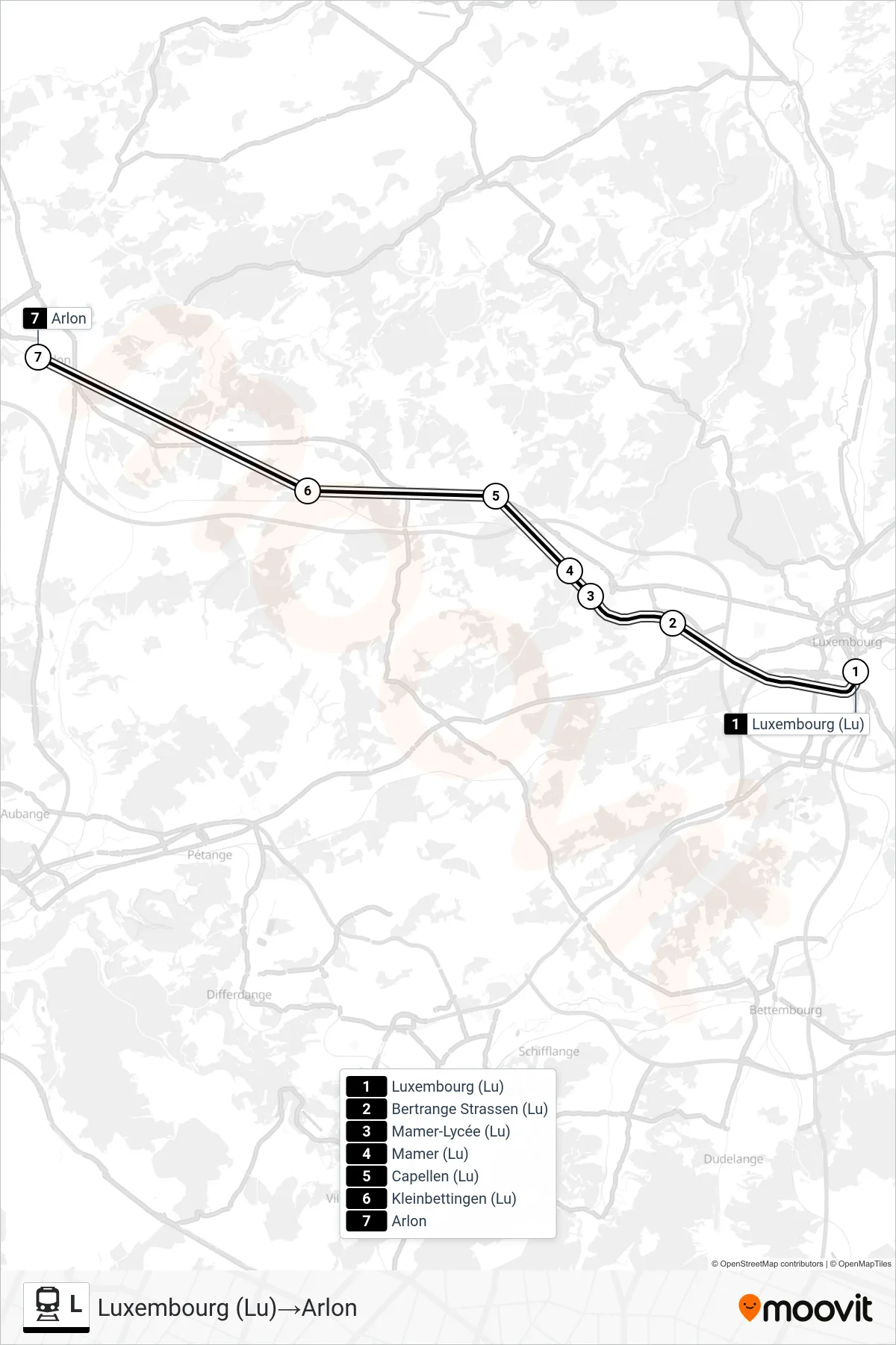 L rail Line (Luxembourg‎→Arlon) route and stops on a map