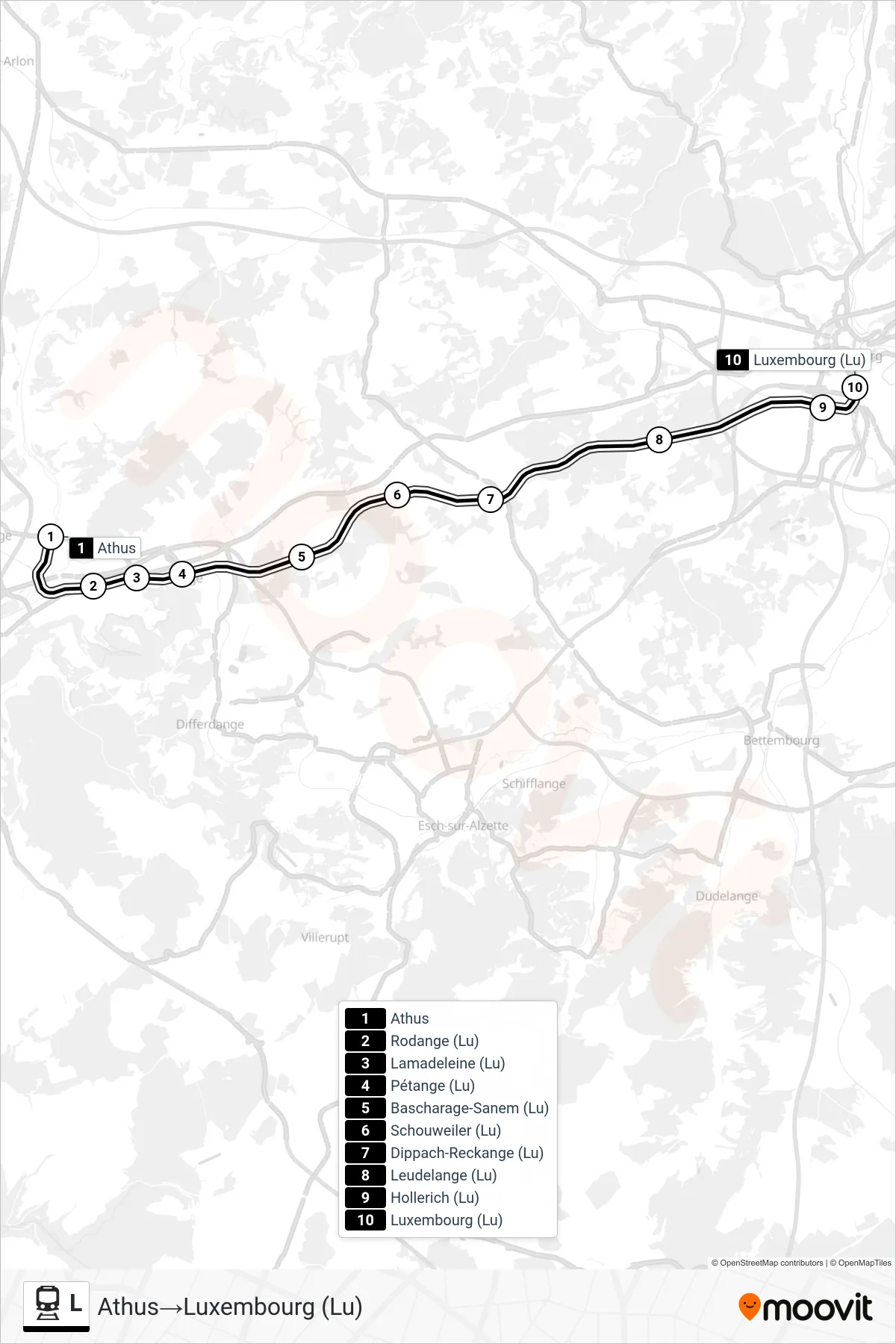 Lijn L (trein, Athus‎→Luxembourg (Lu)): route en haltes op de kaart
