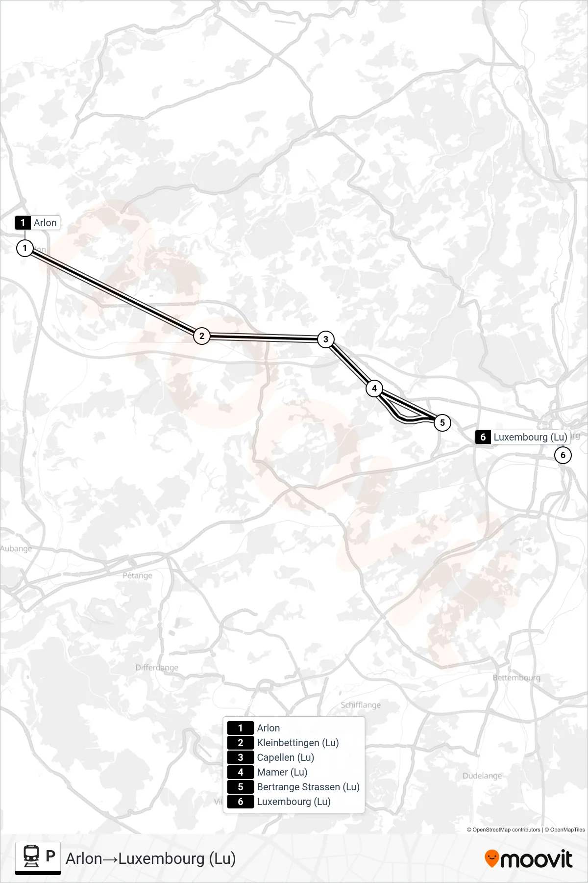 Lijn P (trein, Arlon‎→Luxembourg (Lu)): route en haltes op de kaart