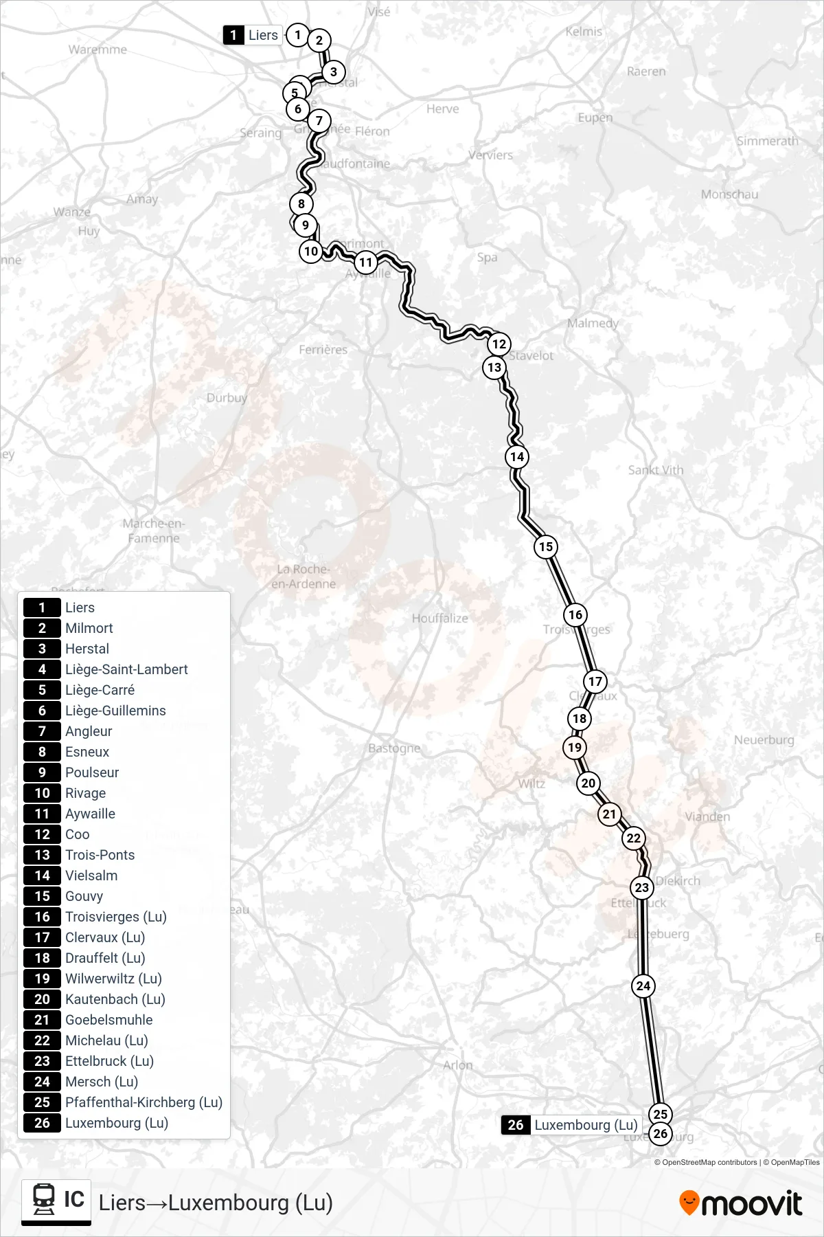 Lijn IC (trein, Liers‎→Luxembourg (Lu)): route en haltes op de kaart