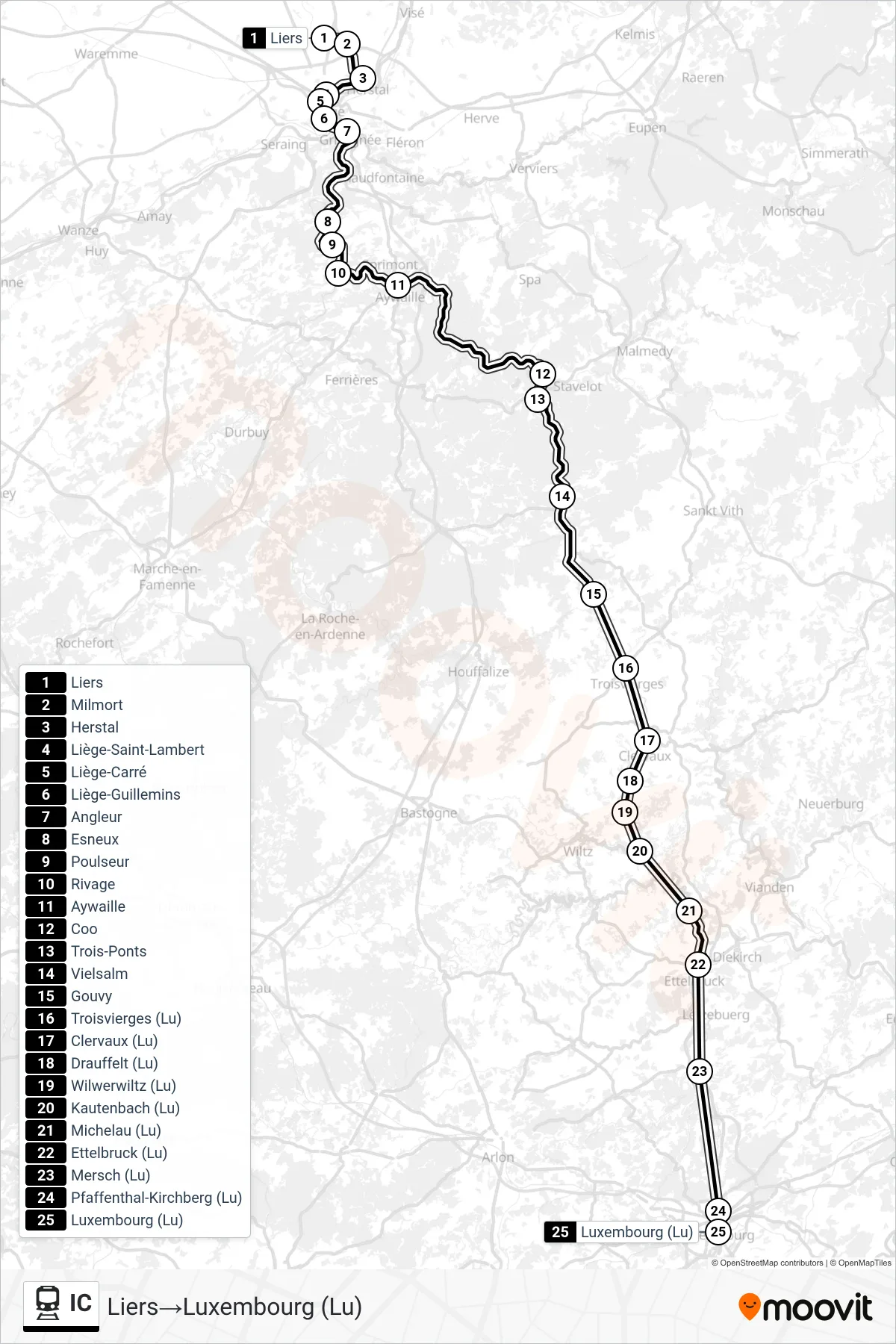 IC train Line (Liers→Luxembourg) route and stops on a map