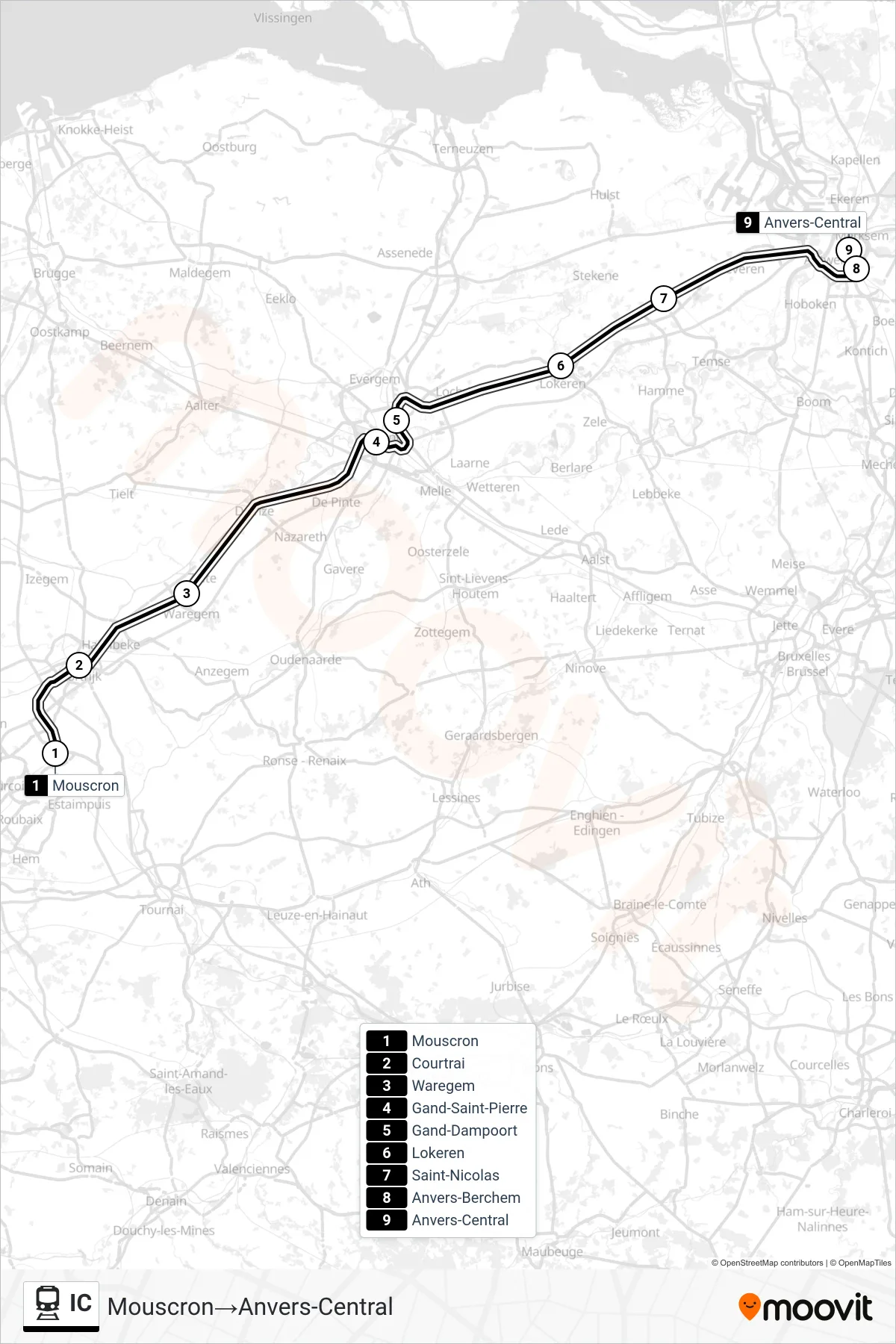 Lijn IC (trein, Mouscron→Anvers-Central): route en haltes op de kaart