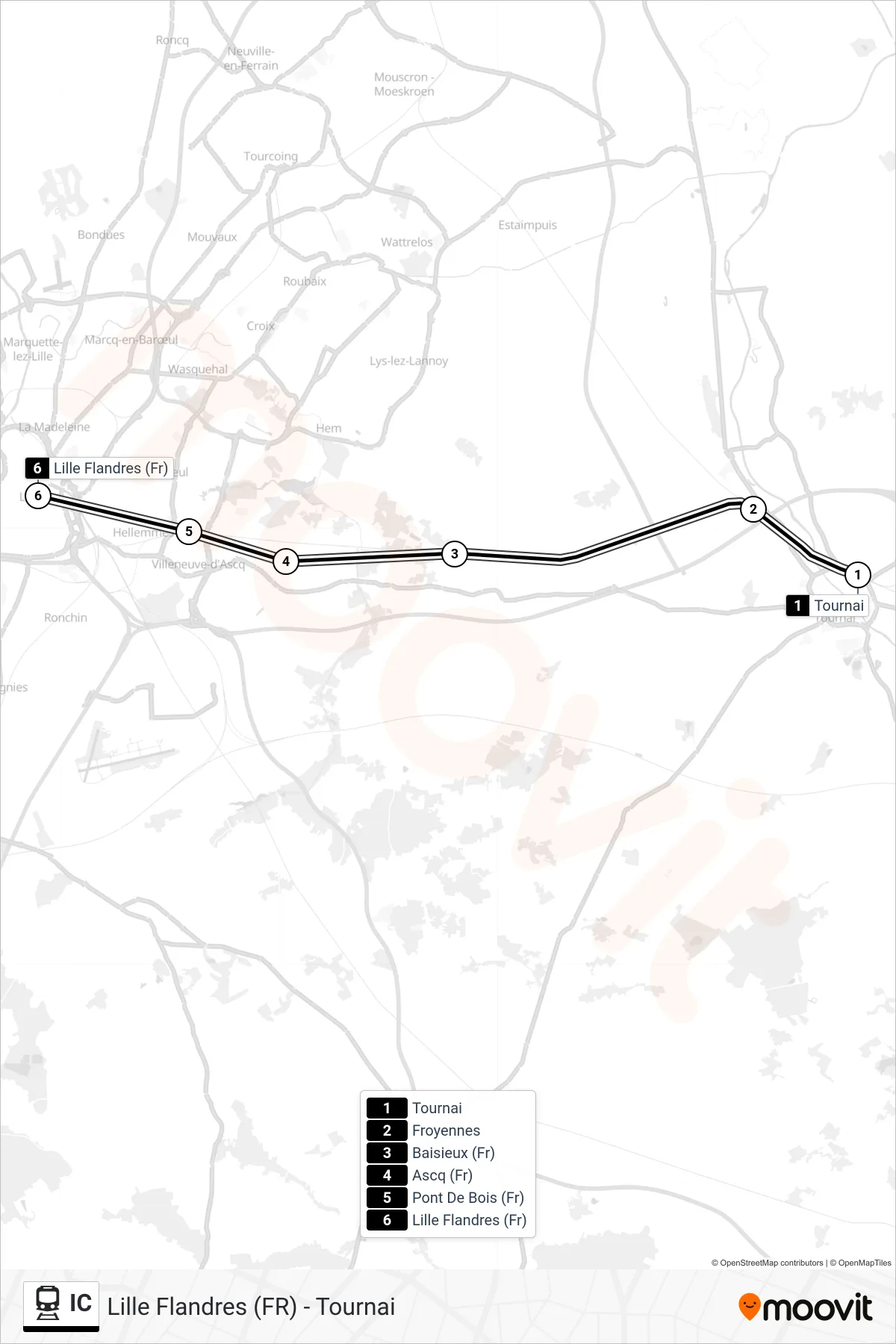 IC train Line (Tournai→Lille Flanders (Fr)) route and stops on a map