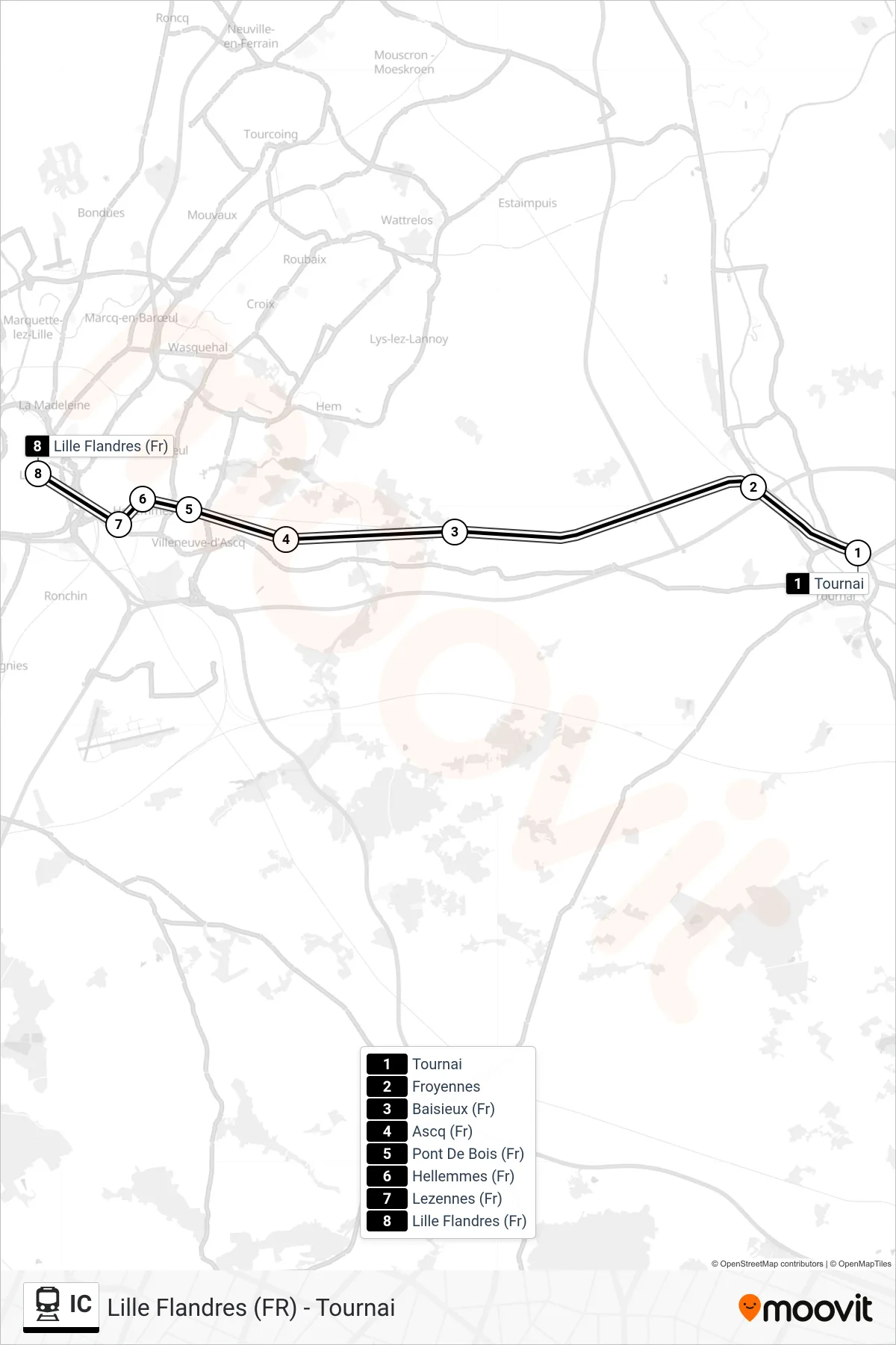 Lijn IC (trein, Tournai‎→Lille Flandres (Fr)): route en haltes op de kaart