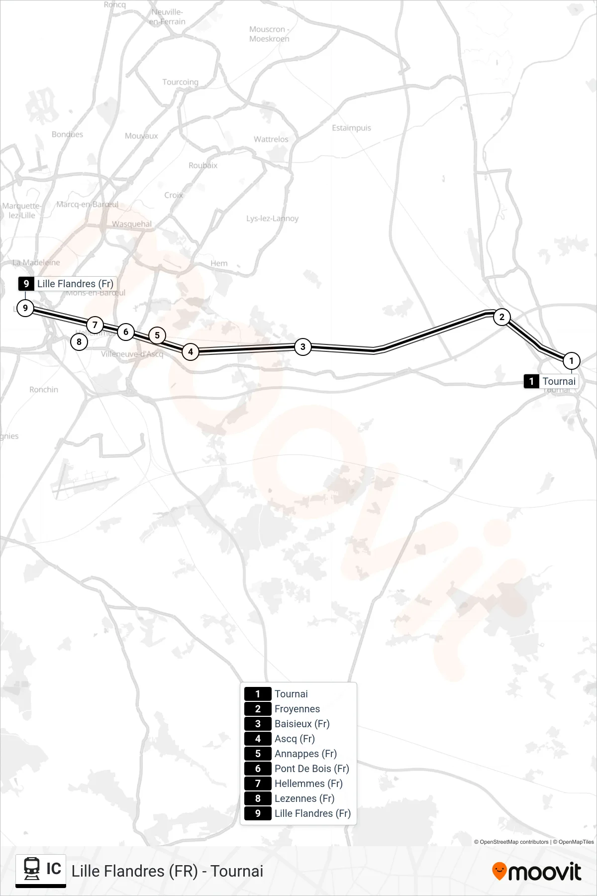 IC train Line (Tournai→Lille Flanders (Fr)) route and stops on a map