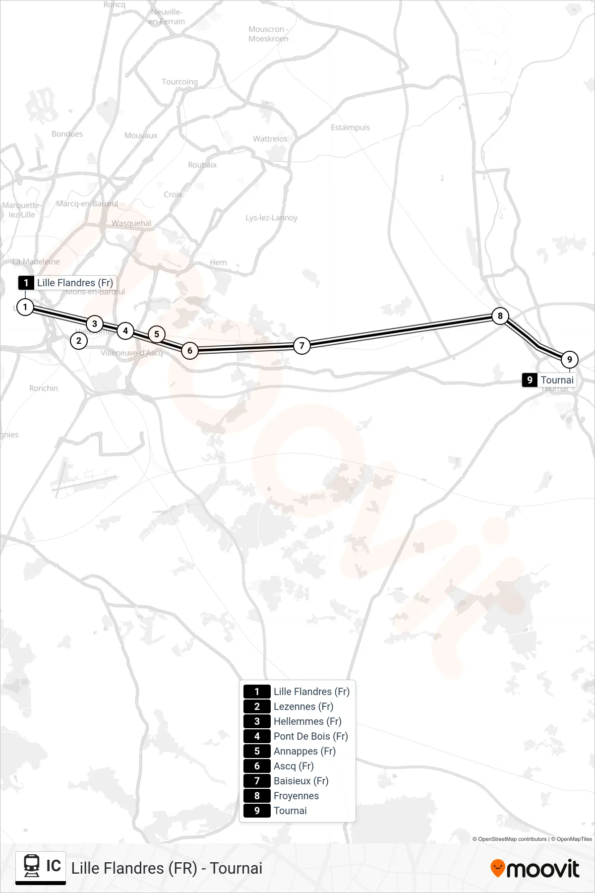 Lijn IC (trein, Lille Flandres (Fr)→Tournai): route en haltes op de kaart