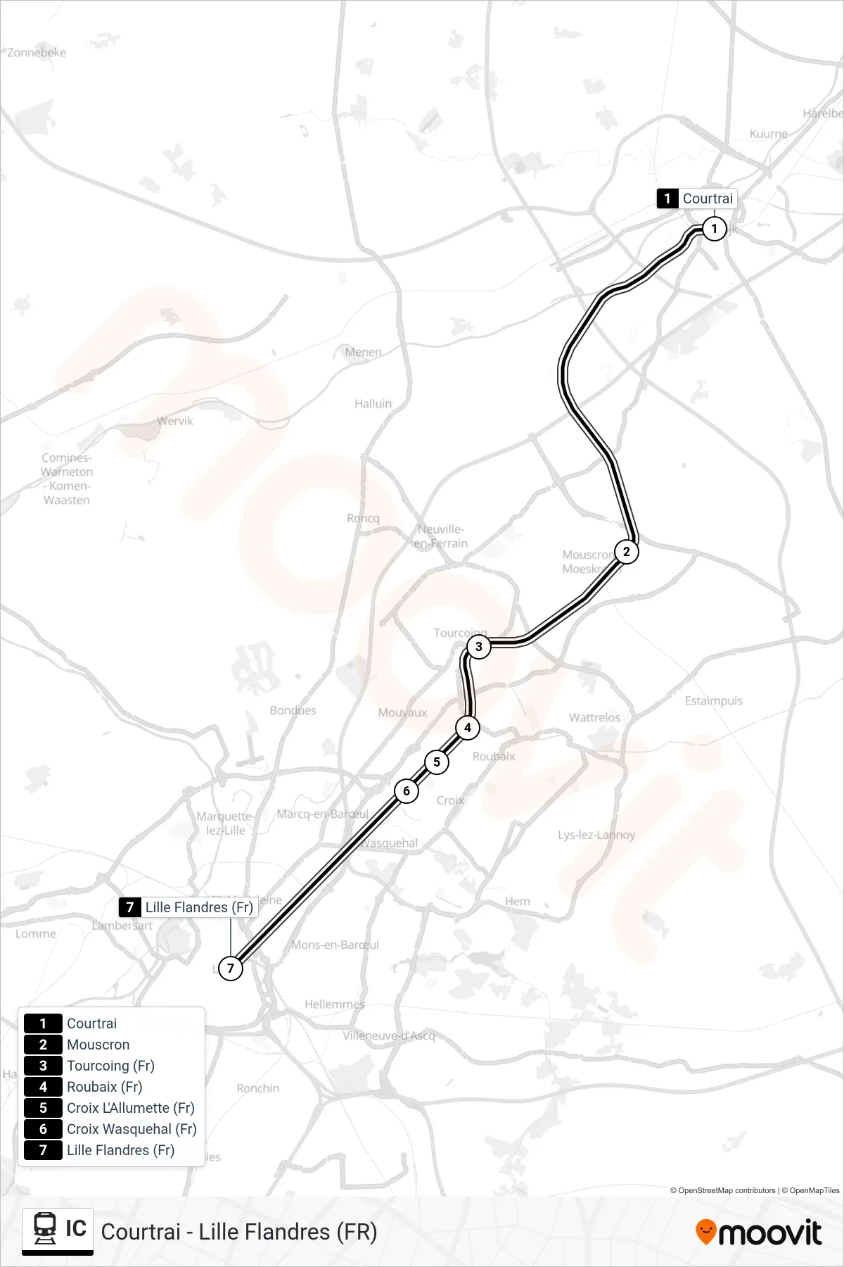 Lijn IC (trein, Courtrai→Lille Flandres (Fr)): route en haltes op de kaart