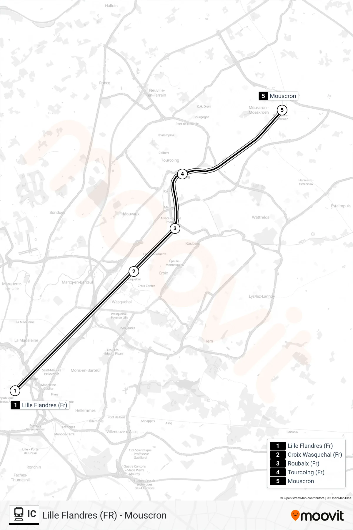 IC train Line (Lille Flanders (Fr)→Mouscron) route and stops on a map