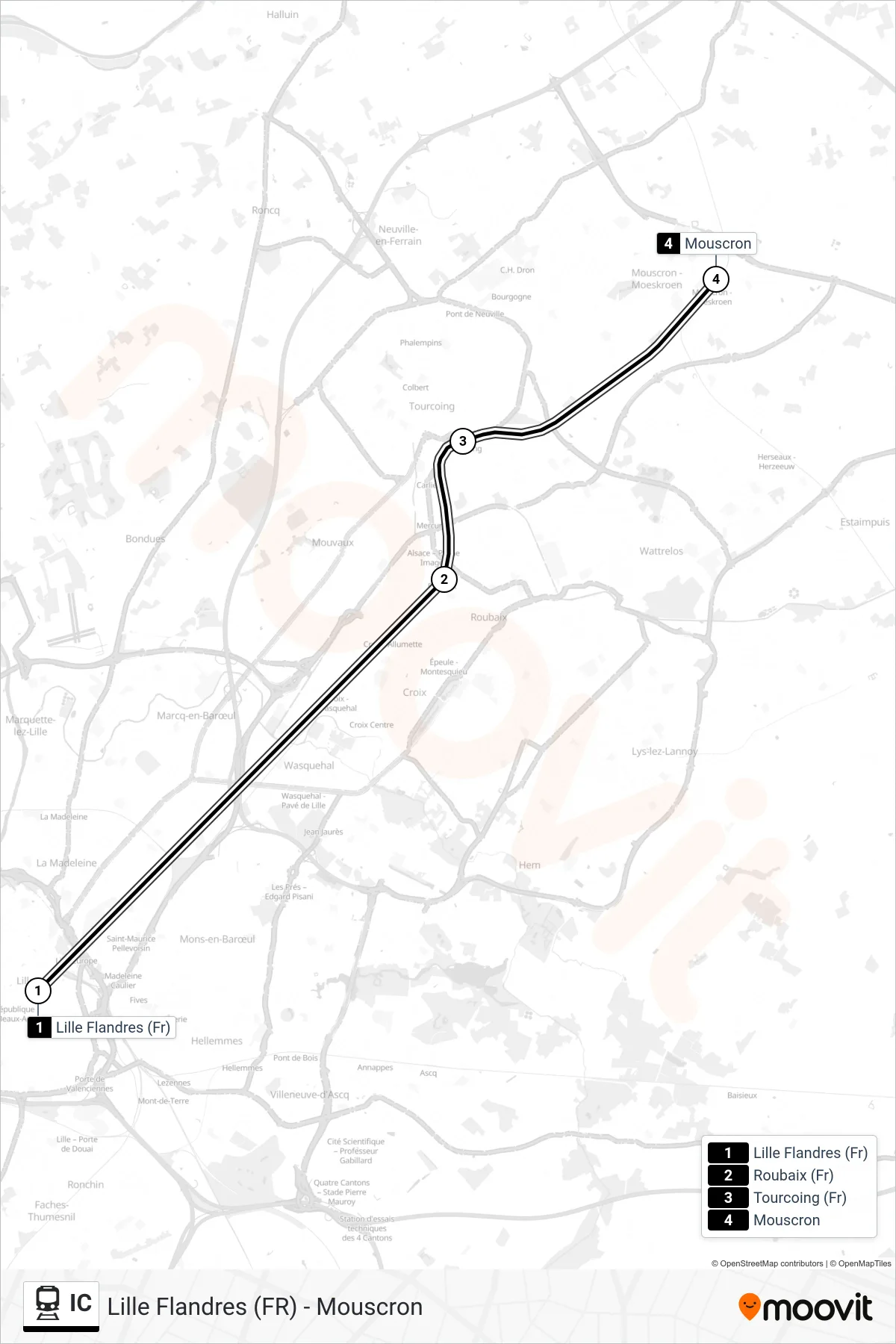 IC train Line (Lille Flanders (Fr)→Mouscron) route and stops on a map