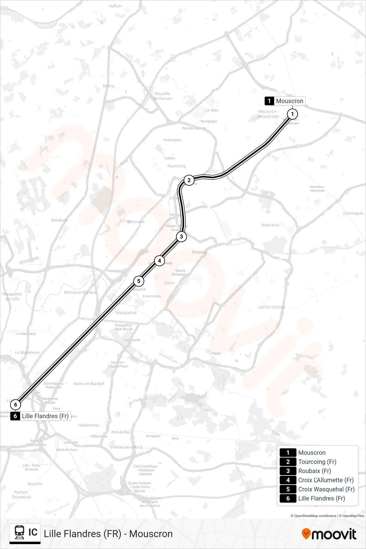 Lijn IC (trein, Mouscron→Lille Flandres (Fr)): route en haltes op de kaart