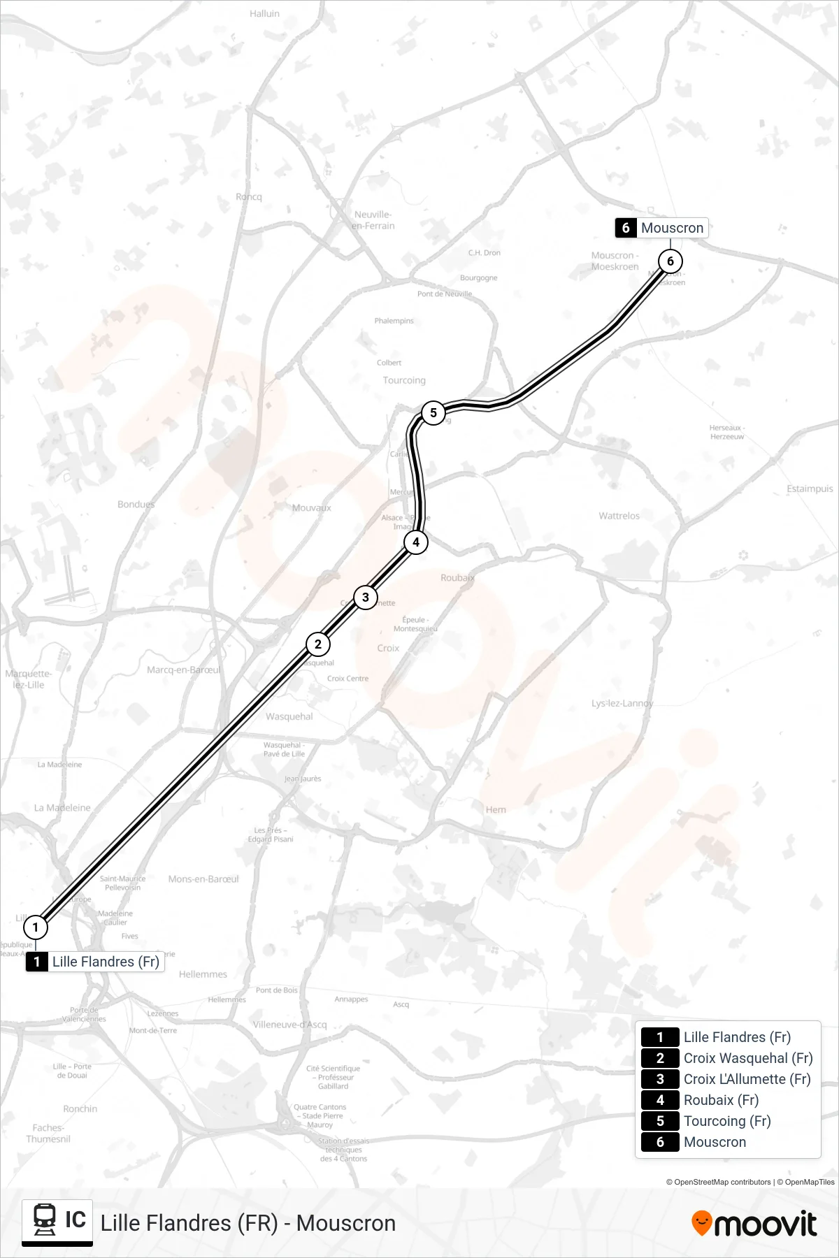 Lijn IC (trein, Lille Flandres (Fr)→Mouscron): route en haltes op de kaart