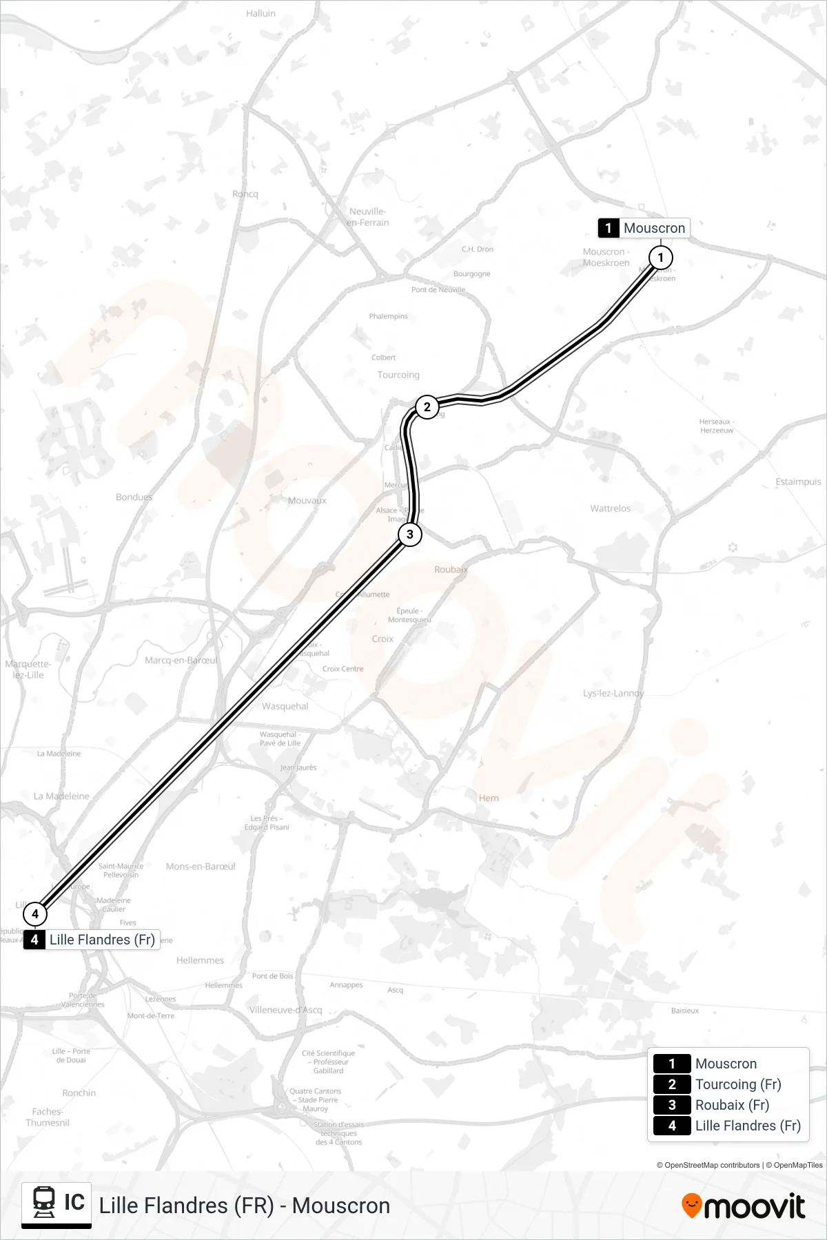IC train Line (Mouscron→Lille Flanders (Fr)) route and stops on a map