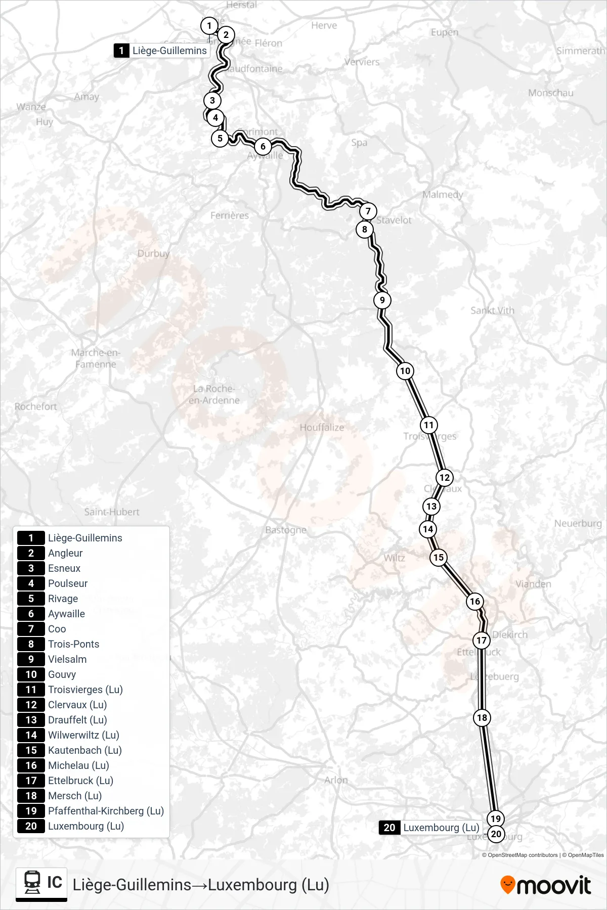 Lijn IC (trein, Liège-Guillemins→Luxembourg (Lu)): route en haltes op de kaart