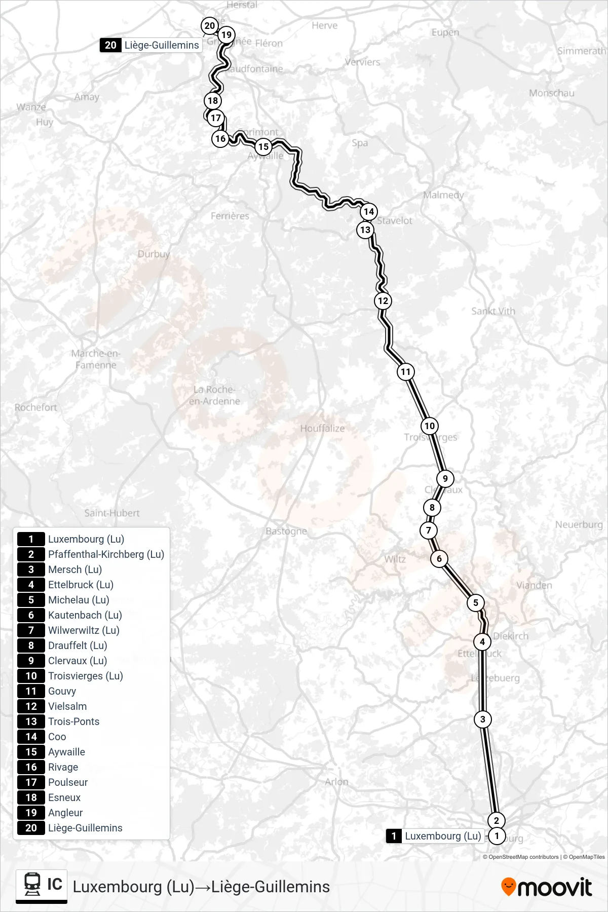 IC train Line (Luxembourg‎→Liège-Guillemins) route and stops on a map