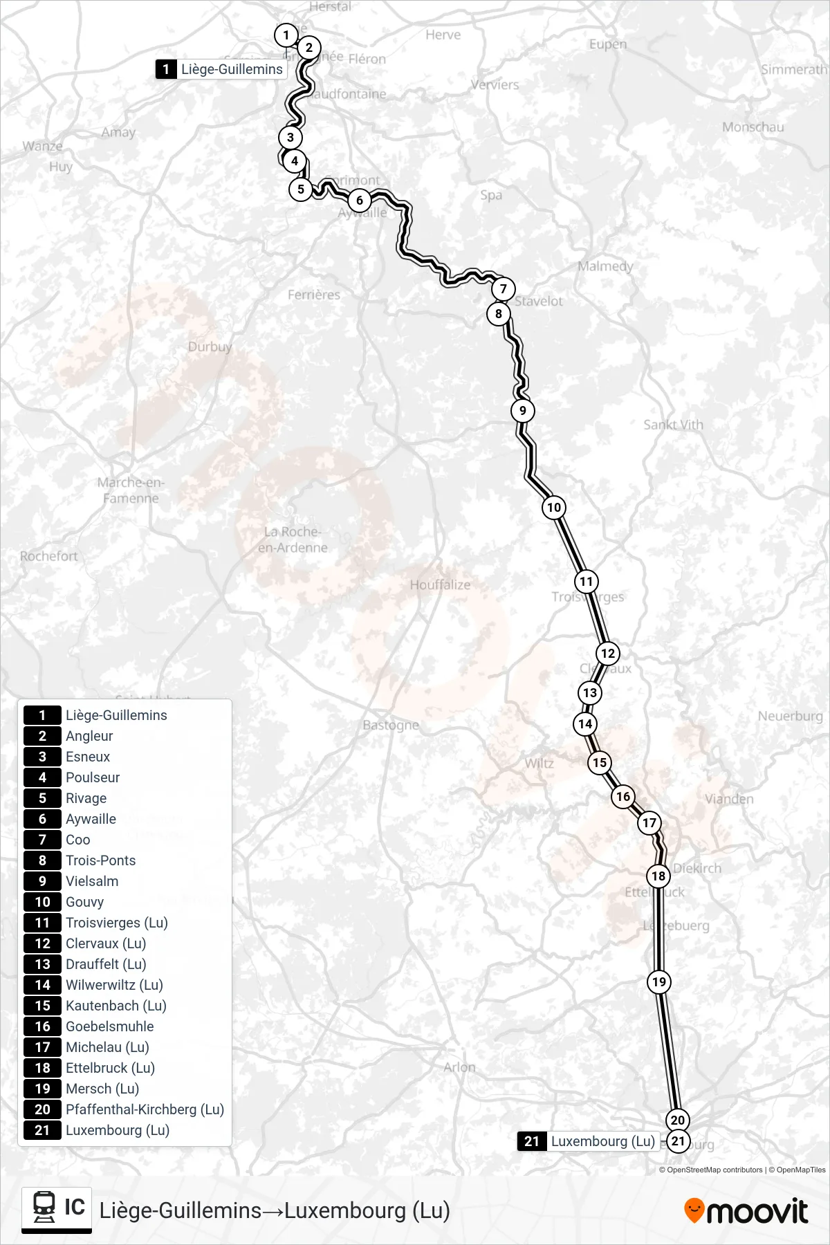Lijn IC (trein, Liège-Guillemins→Luxembourg (Lu)): route en haltes op de kaart
