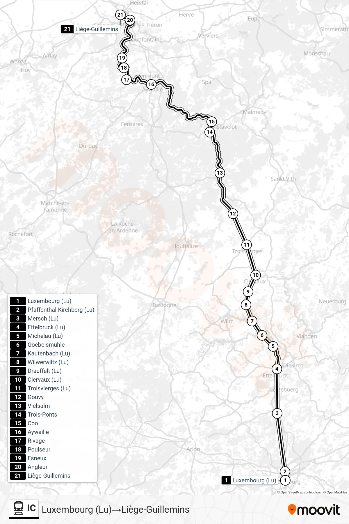 Lijn IC (trein, Luxembourg (Lu)→Liège-Guillemins): route en haltes op de kaart