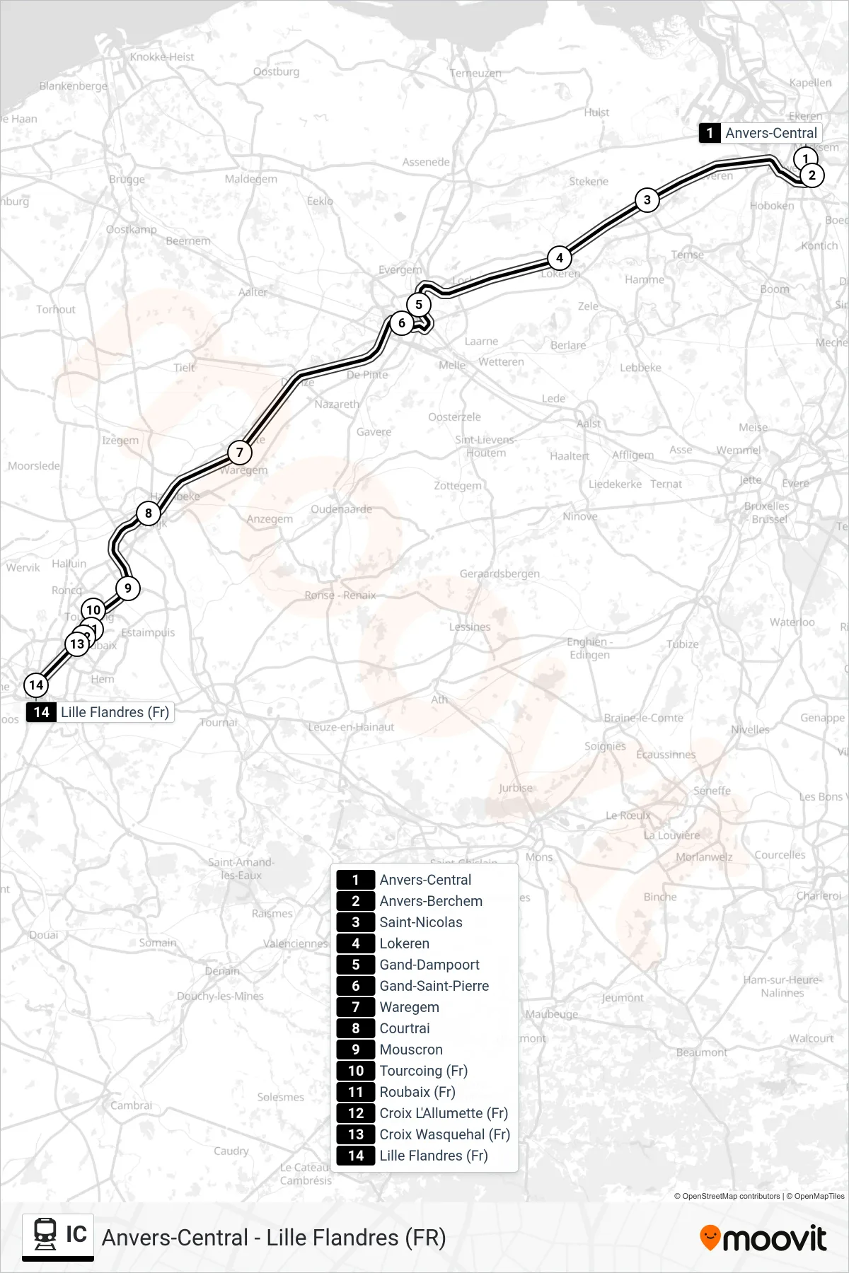 Lijn IC (trein, Anvers-Central‎→Lille Flandres (Fr)): route en haltes op de kaart