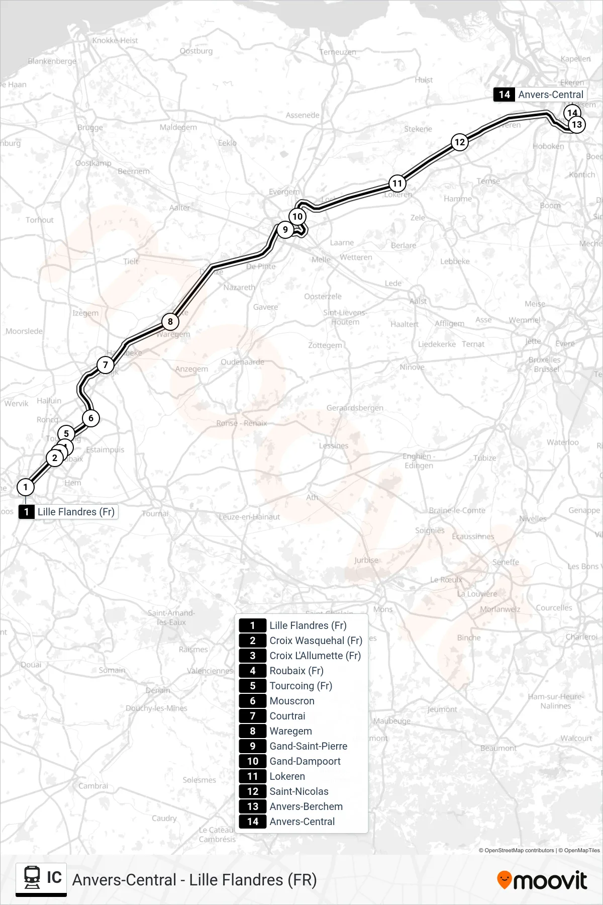 Lijn IC (trein, Lille Flandres (Fr)→Anvers-Central): route en haltes op de kaart