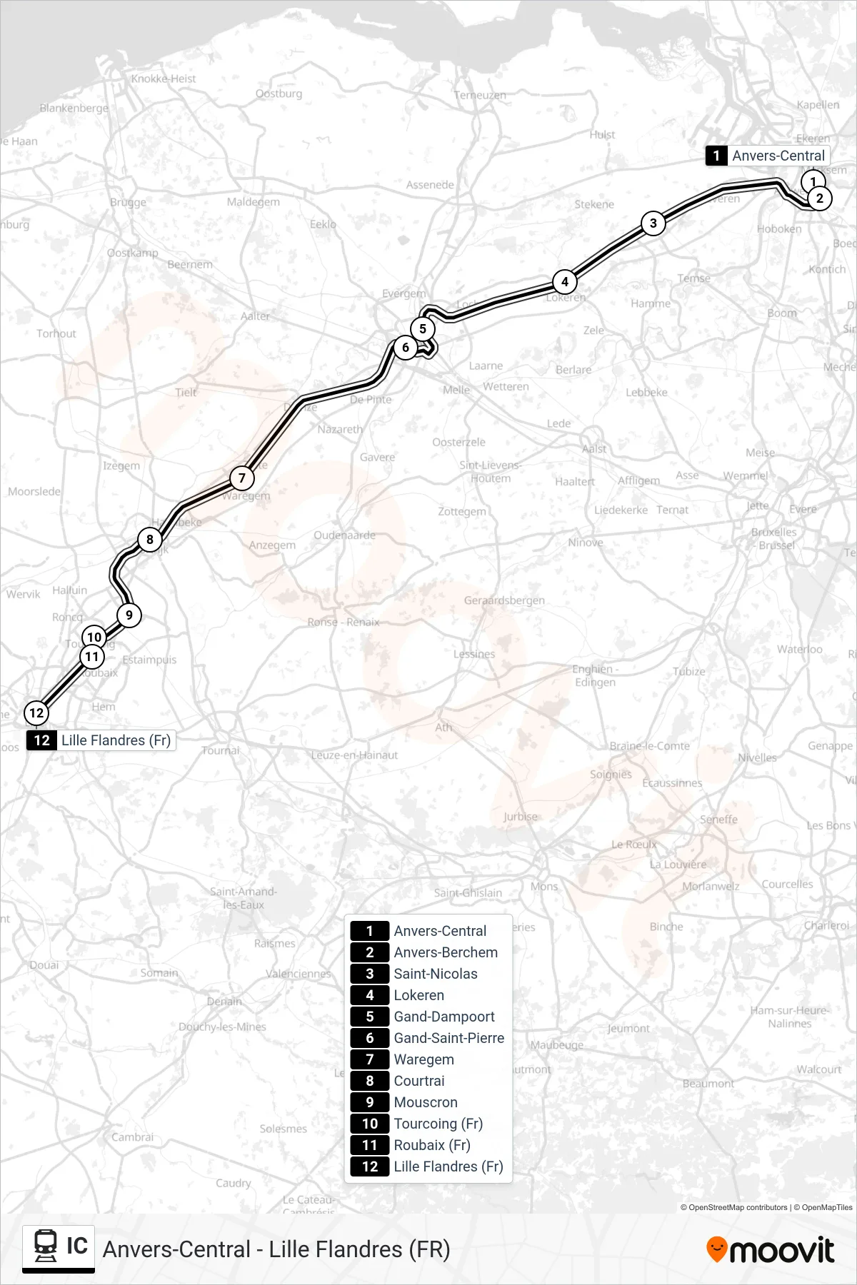Lijn IC (trein, Anvers-Central→Lille Flandres (Fr)): route en haltes op de kaart