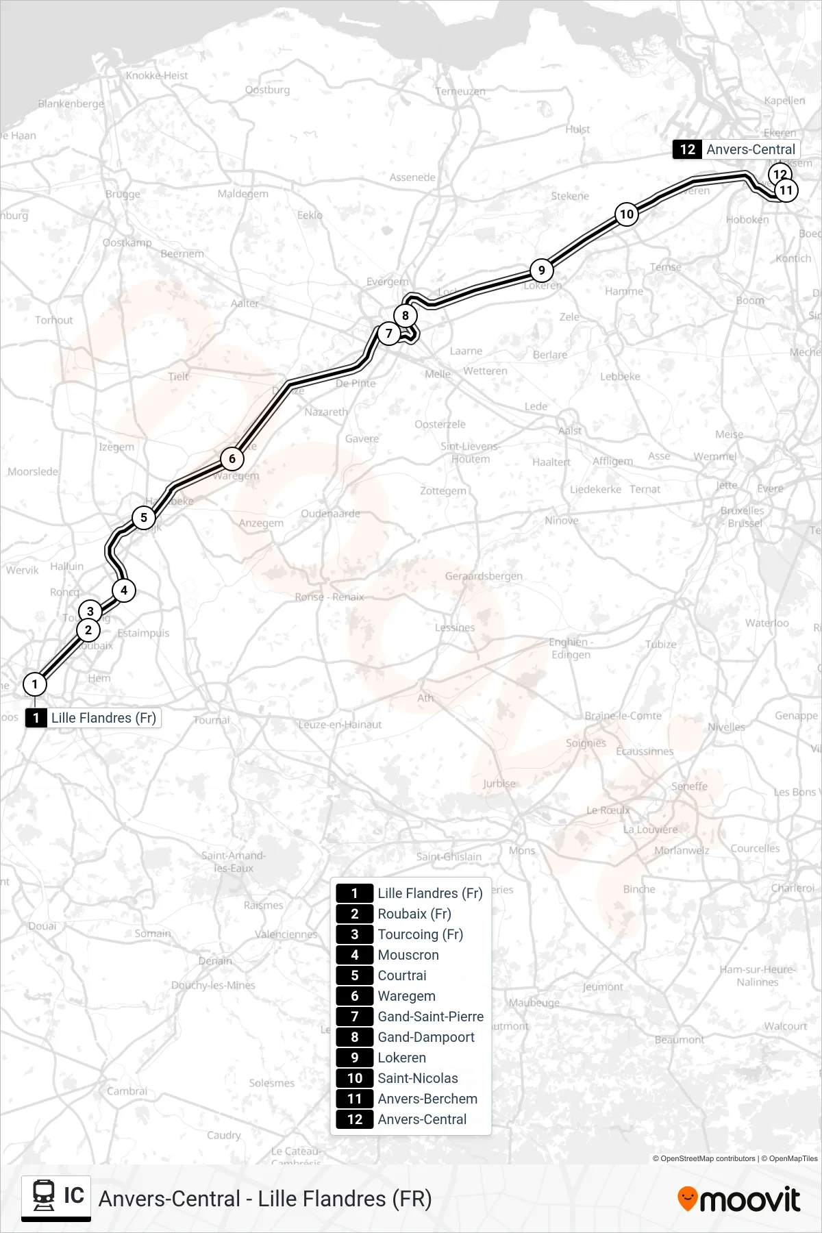 Lijn IC (trein, Lille Flandres (Fr)→Anvers-Central): route en haltes op de kaart