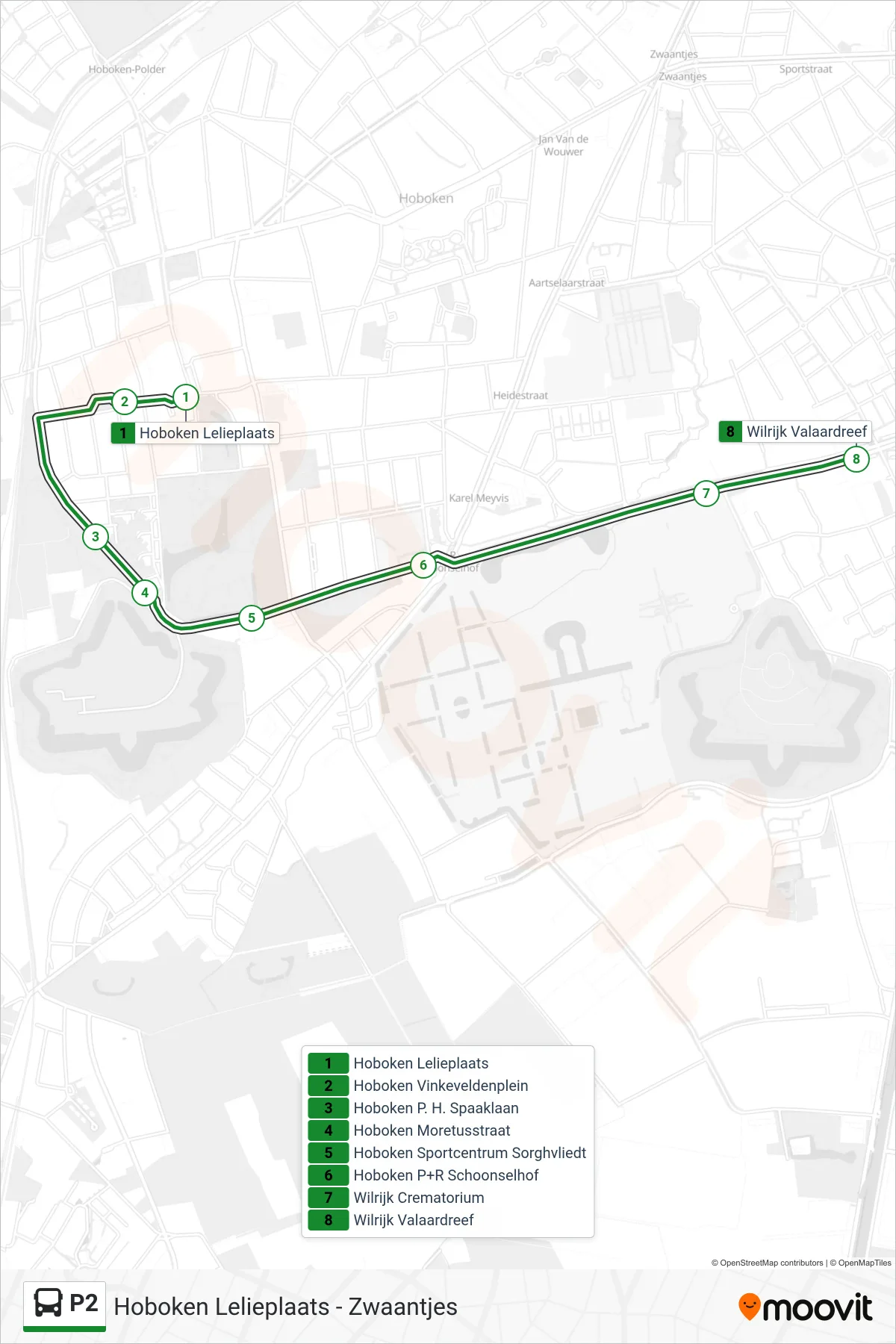 Lijn P2 (bus, Wilrijk Valaardreef): route en haltes op de kaart