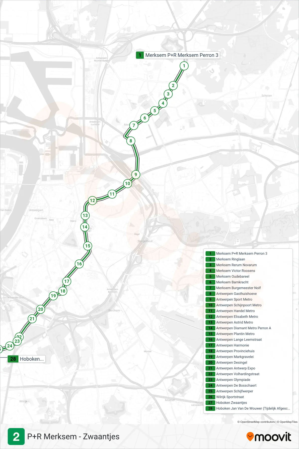 Lijn 2 (tram, Hoboken Jan Van De Wouwer (Tijdelijk Afgeschaft)): route en haltes op de kaart