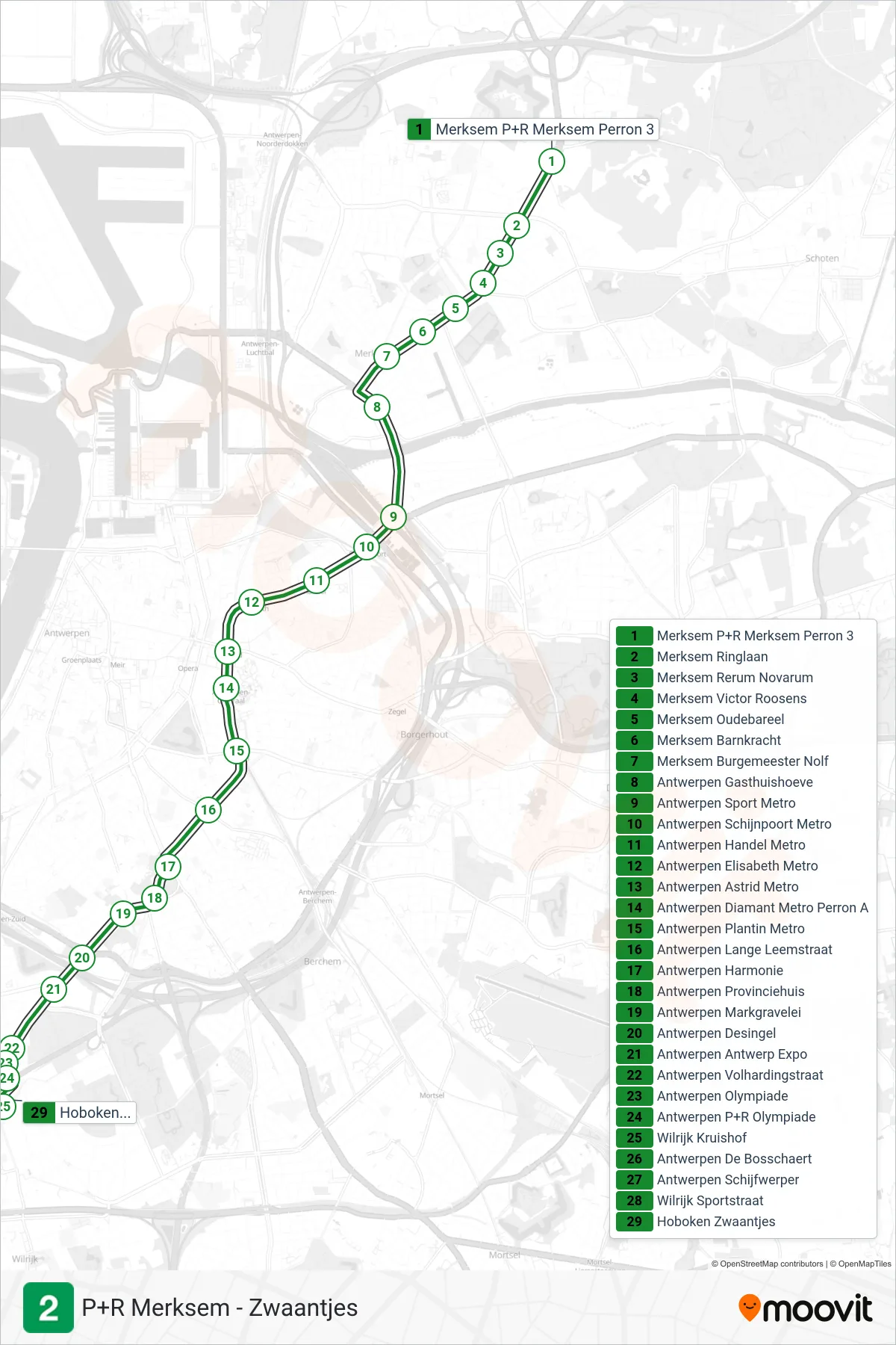 2 light rail Line (Hoboken Swans) route and stops on a map
