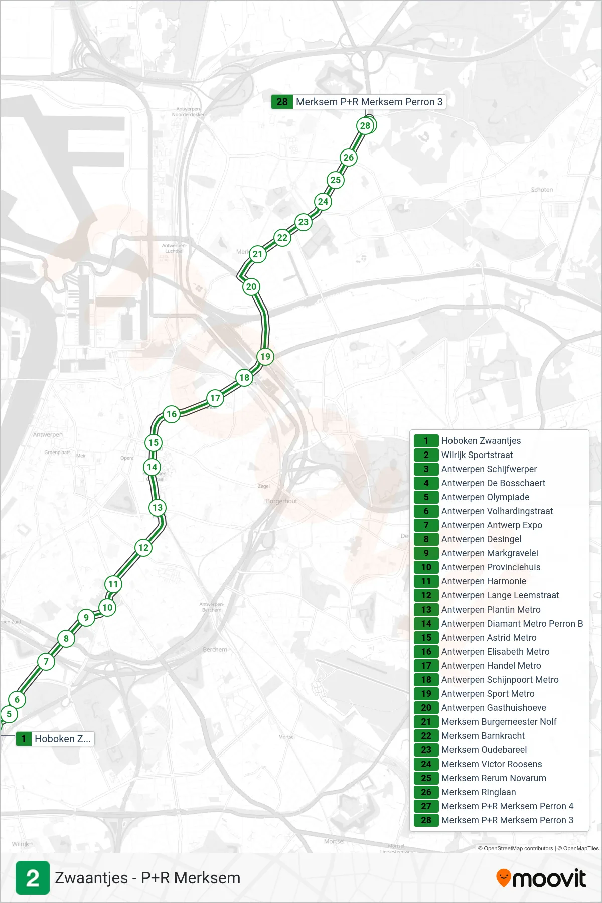 Lijn 2 (tram, Merksem P+R Merksem Perron 3): route en haltes op de kaart