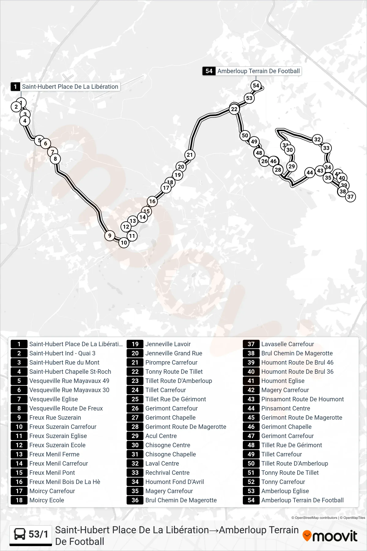 53/1 bus Line (Saint-Hubert Liberation Square‎→Amberloup Football Ground) route and stops on a map