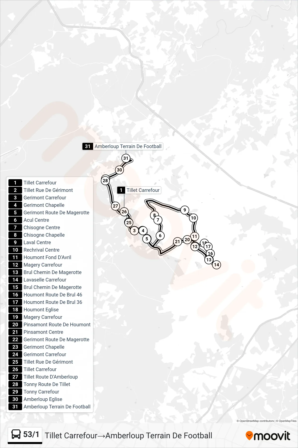 Lijn 53/1 (bus, Tillet Carrefour→Amberloup Terrain De Football): route en haltes op de kaart