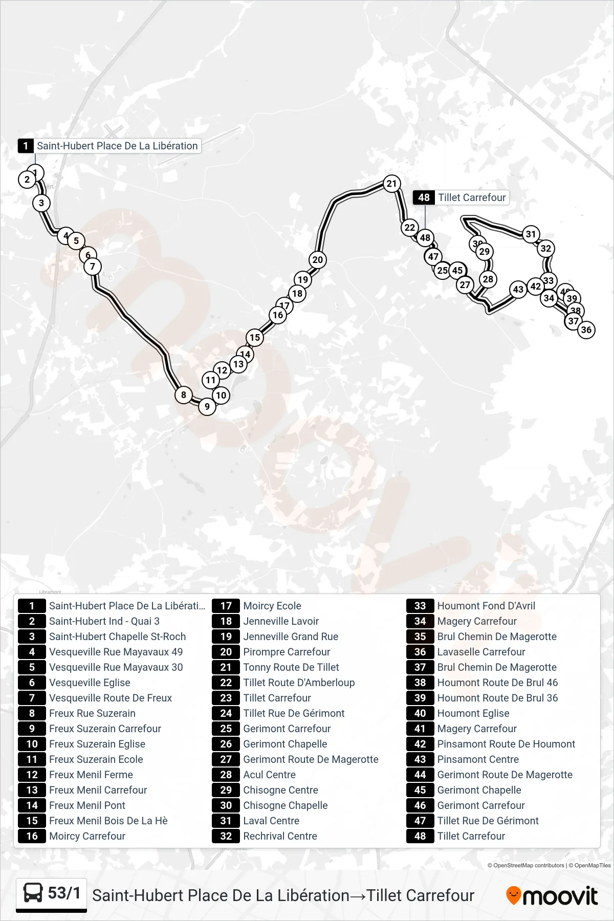 Lijn 53/1 (bus, Saint-Hubert Place De La Libération→Tillet Carrefour): route en haltes op de kaart