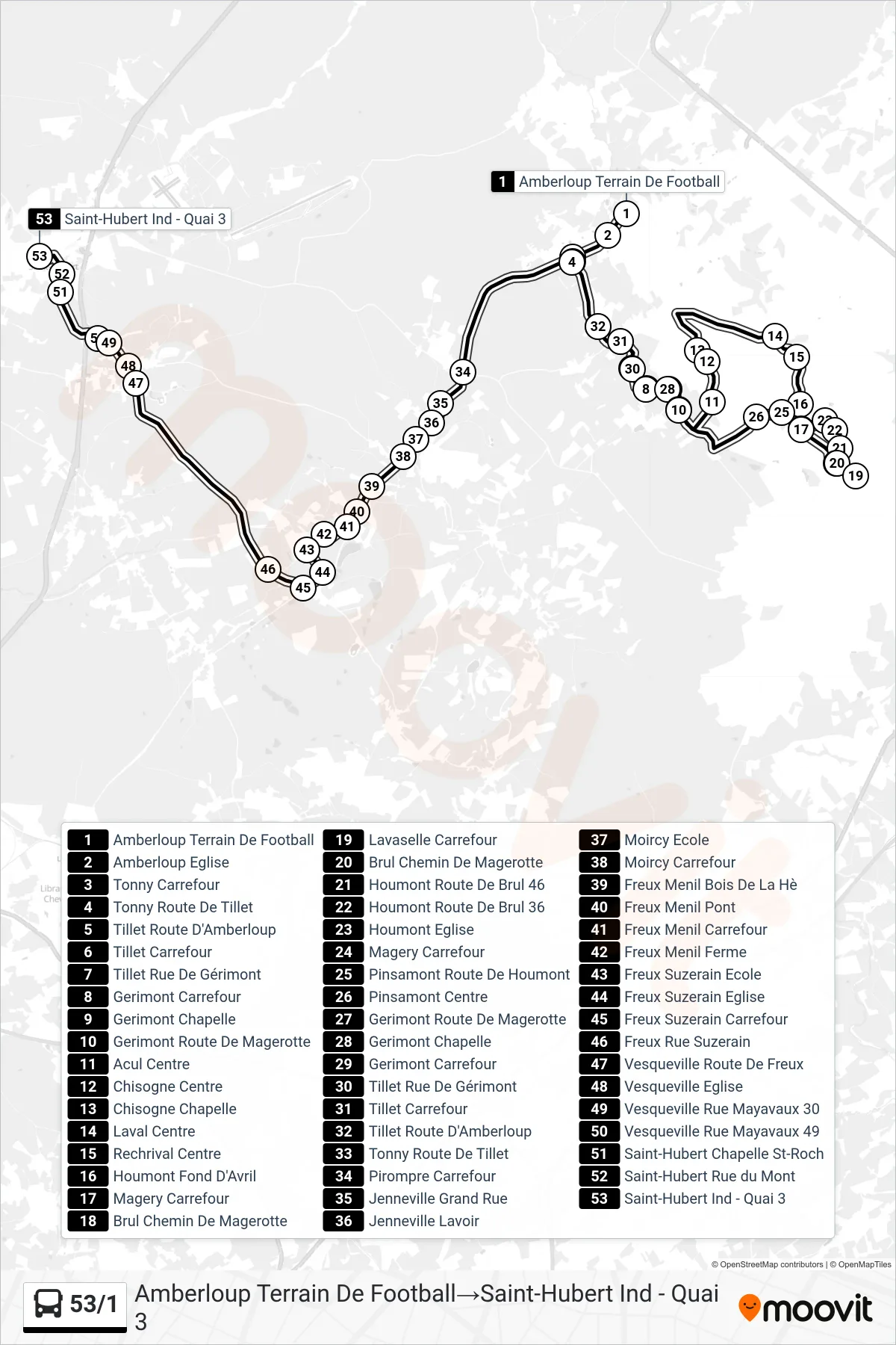 Lijn 53/1 (bus, Amberloup Terrain De Football→Saint-Hubert Ind - Quai 3): route en haltes op de kaart