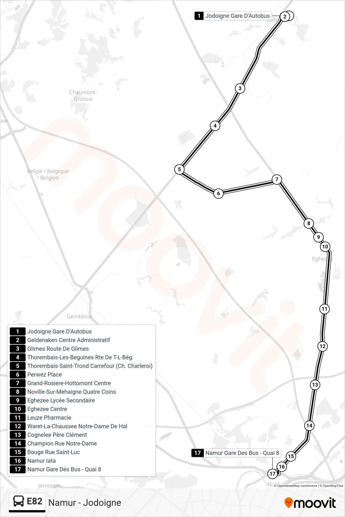 Lijn E82 (bus, Jodoigne Gare D'Autobus→Namur Gare Des Bus - Quai 8): route en haltes op de kaart