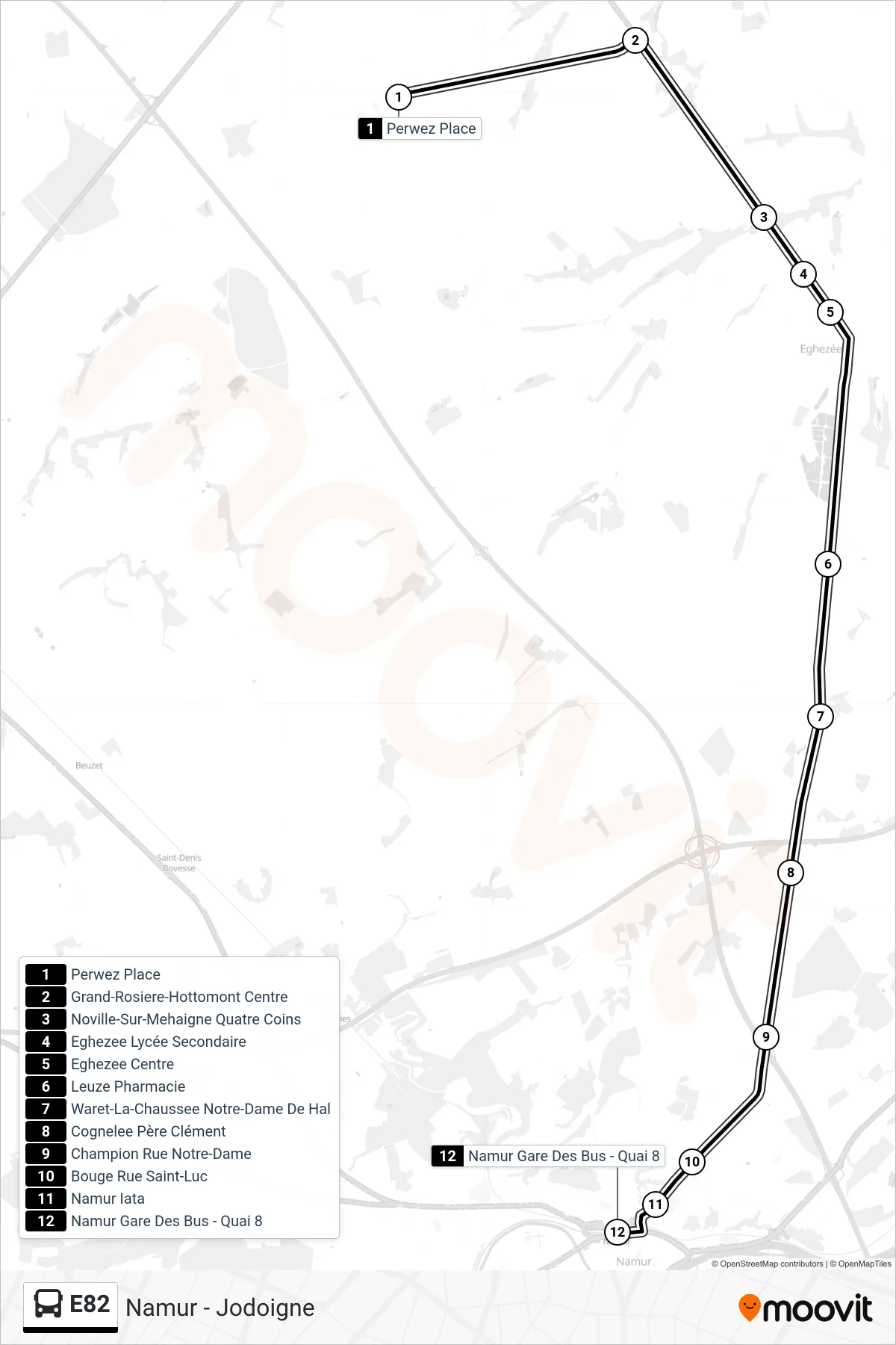 Lijn E82 (bus, Perwez Place‎→Namur Gare Des Bus - Quai 8): route en haltes op de kaart