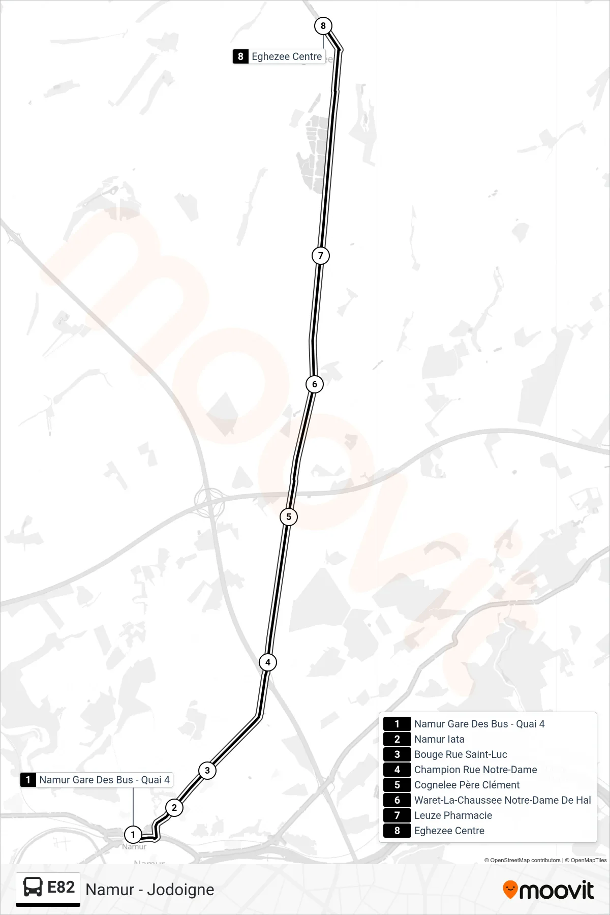 Lijn E82 (bus, Namur Gare Des Bus - Quai 4‎→Eghezee Centre): route en haltes op de kaart