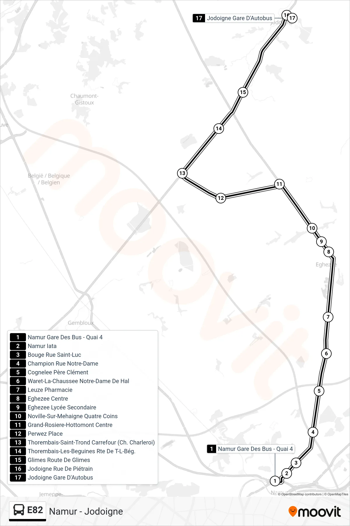 E82 bus Line (Namur Bus Station - Platform 4‎→Jodoigne Bus Station) route and stops on a map