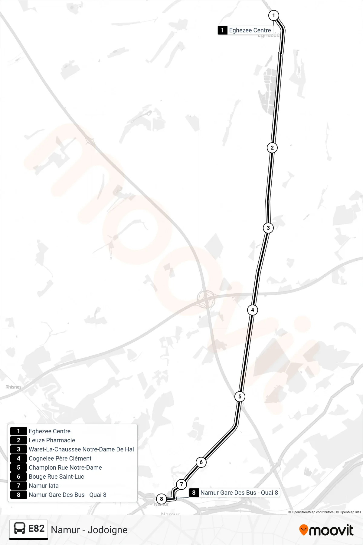Lijn E82 (bus, Eghezee Centre‎→Namur Gare Des Bus - Quai 8): route en haltes op de kaart