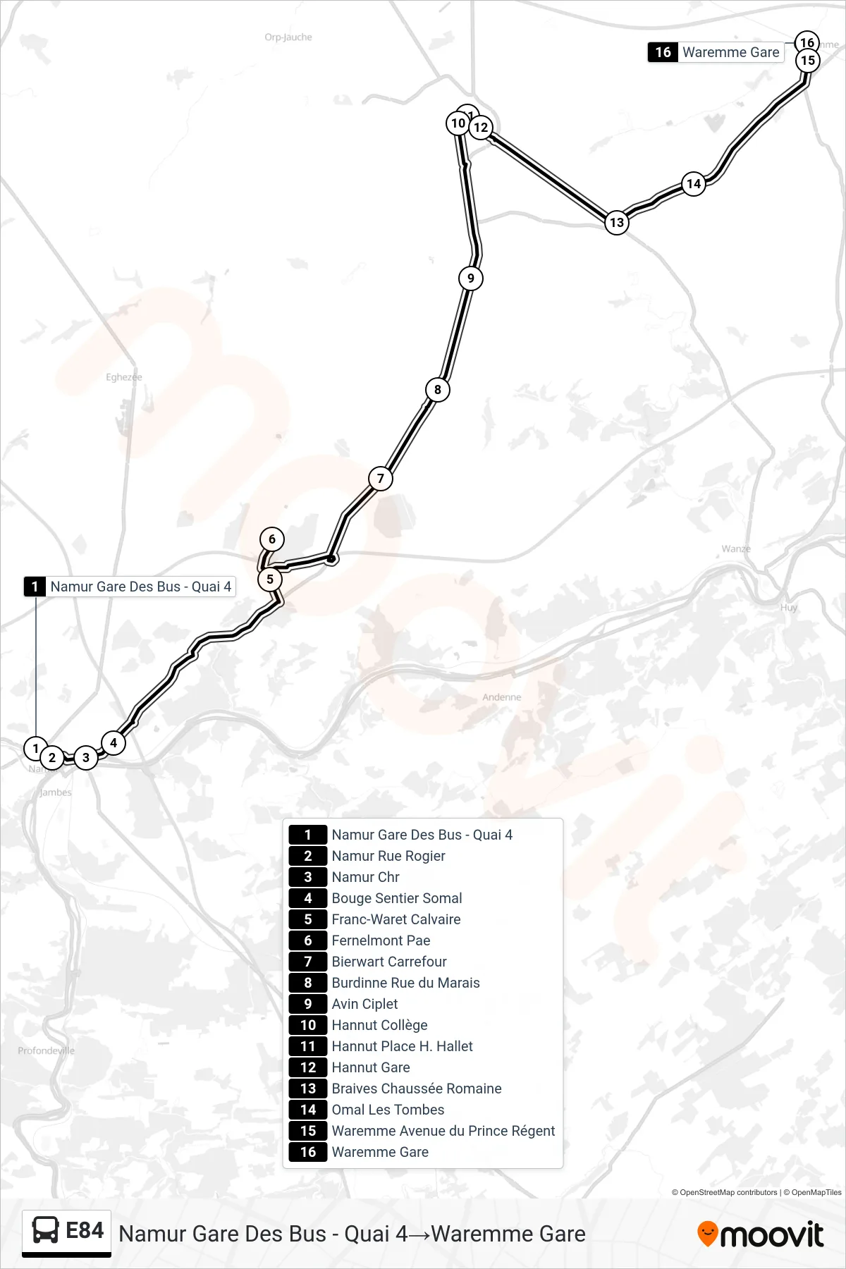 E84 bus Line (Namur Bus Station - Platform 4‎→Waremme Station) route and stops on a map