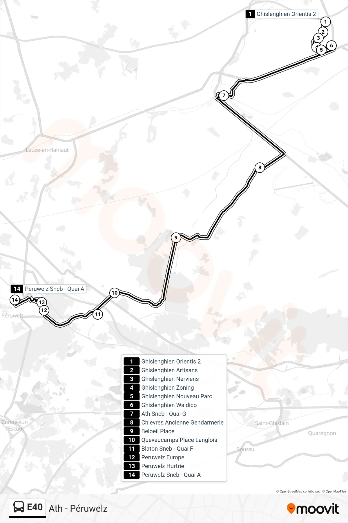 Lijn E40 (bus, Ghislenghien Orientis 2→Peruwelz Sncb - Quai A): route en haltes op de kaart
