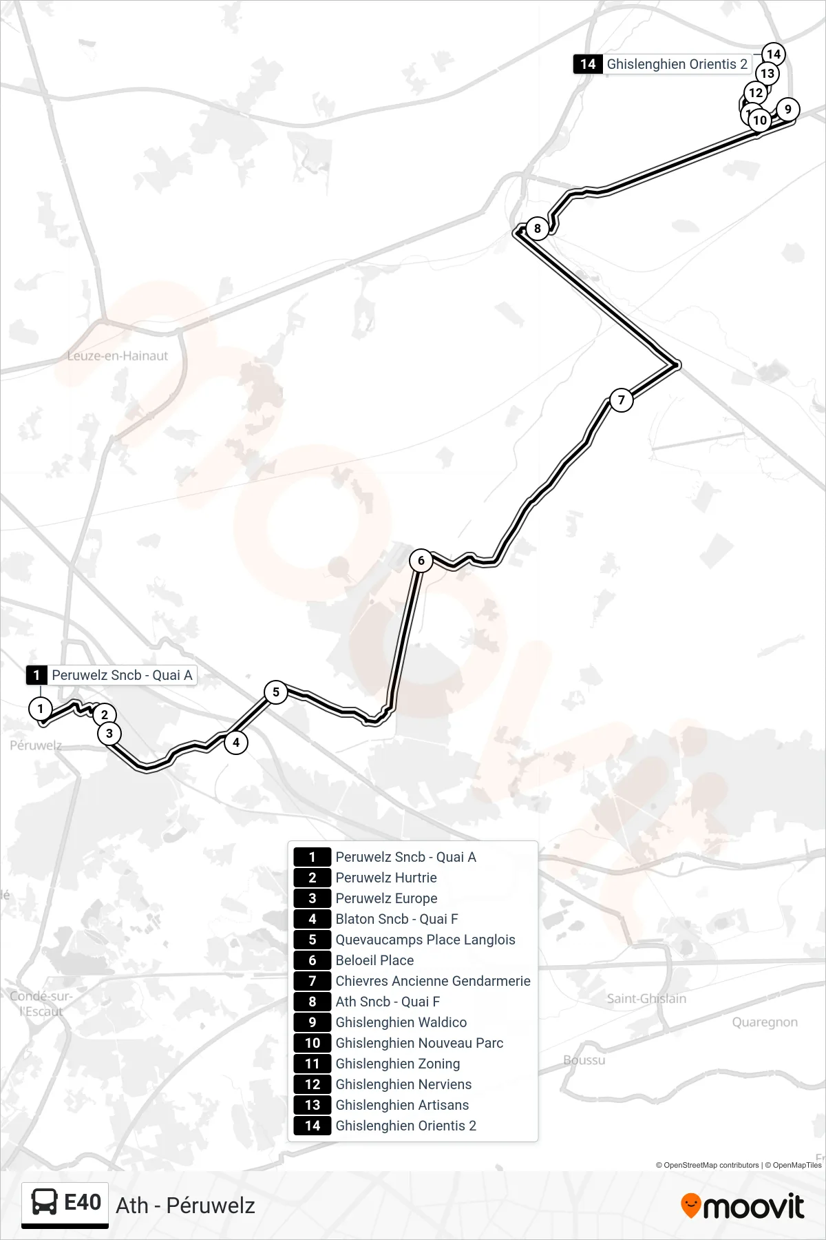 Lijn E40 (bus, Peruwelz Sncb - Quai A‎→Ghislenghien Orientis 2): route en haltes op de kaart