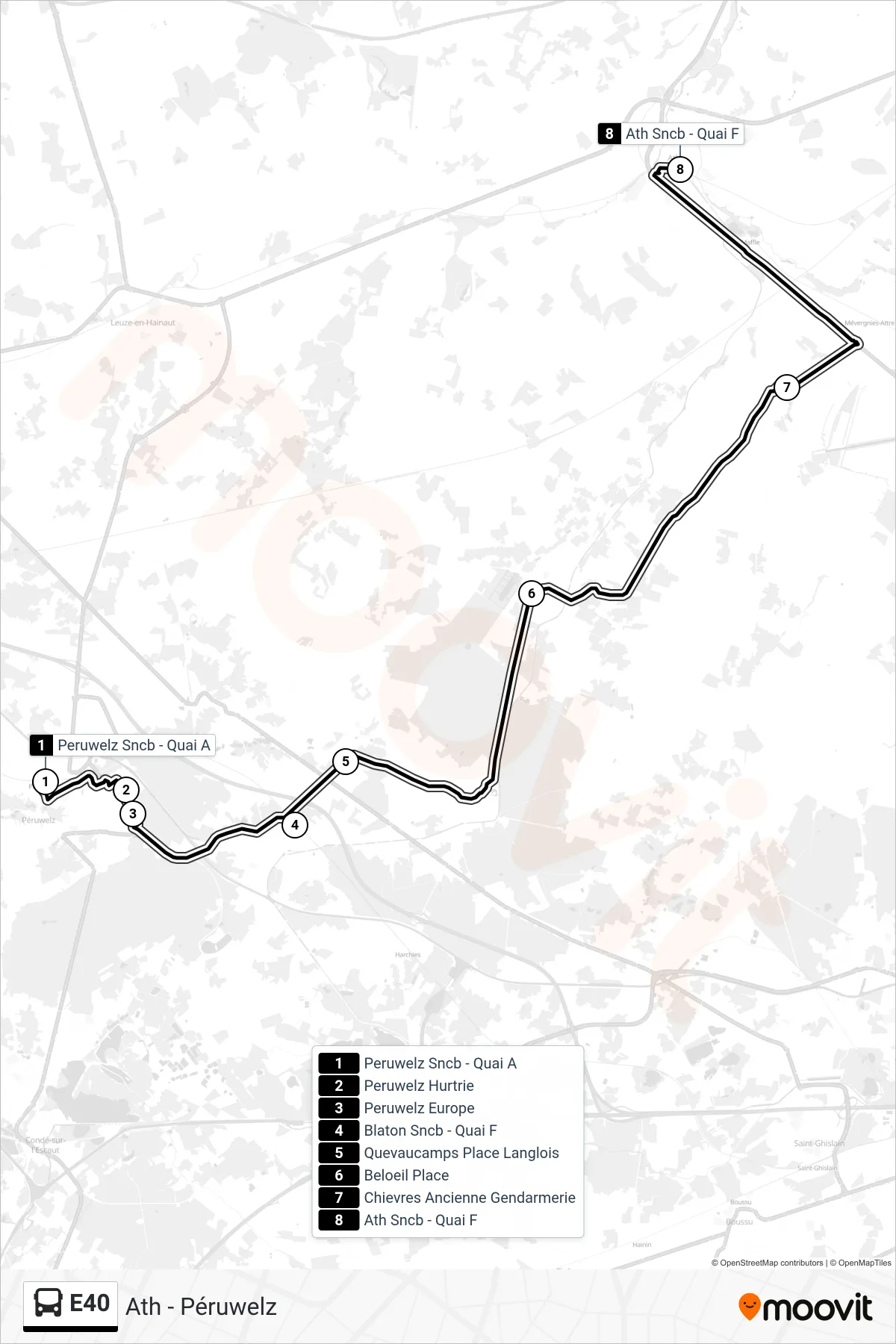 E40 bus Line (Peruwelz SNCB - Platform A→Ath SNCB - Platform F) route and stops on a map