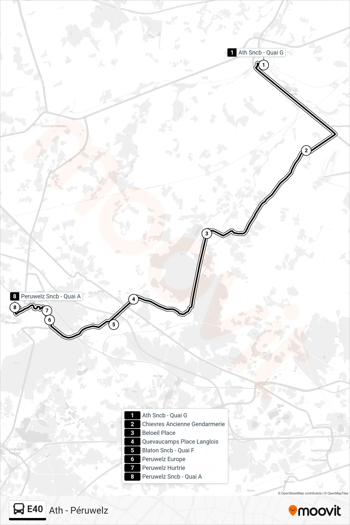 E40 bus Line (Ath SNCB - Platform G‎→Peruwelz SNCB - Platform A) route and stops on a map