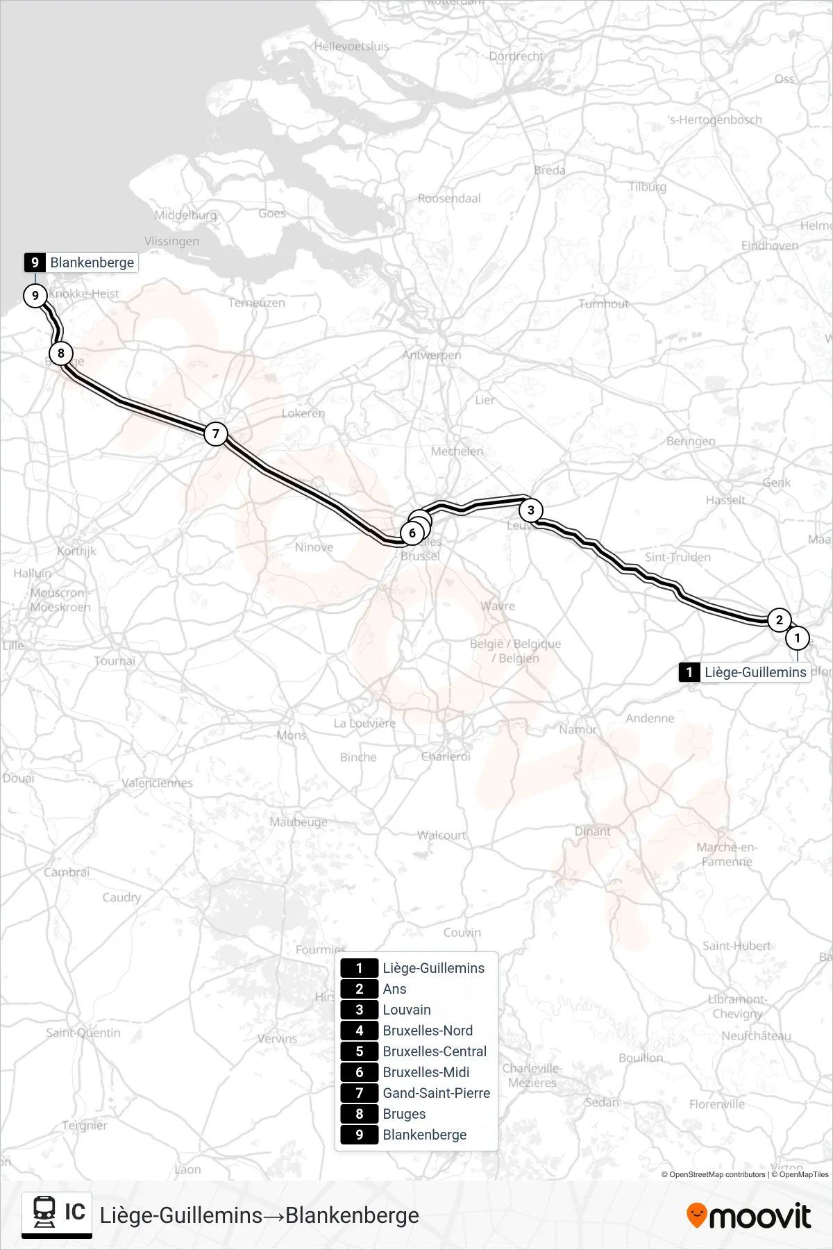 Lijn IC (trein, Liège-Guillemins→Blankenberge): route en haltes op de kaart