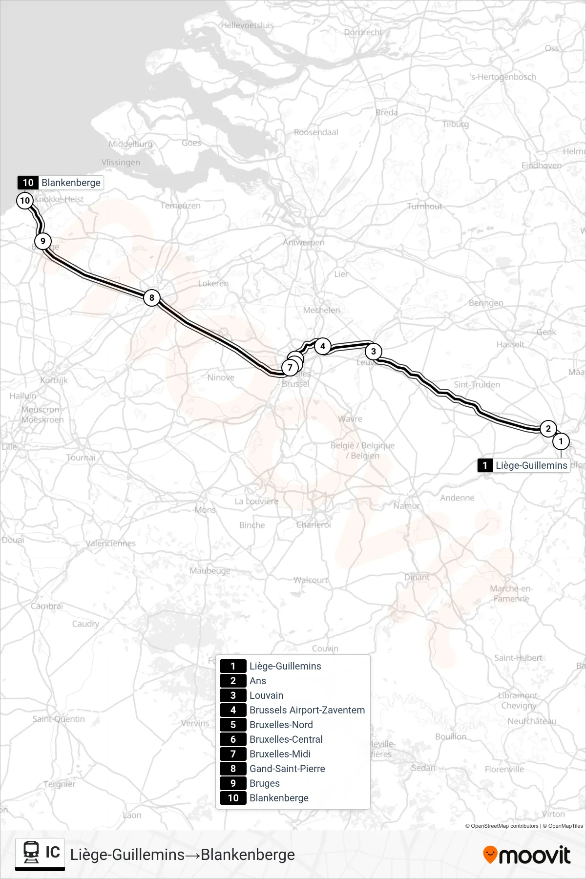 Lijn IC (trein, Liège-Guillemins→Blankenberge): route en haltes op de kaart