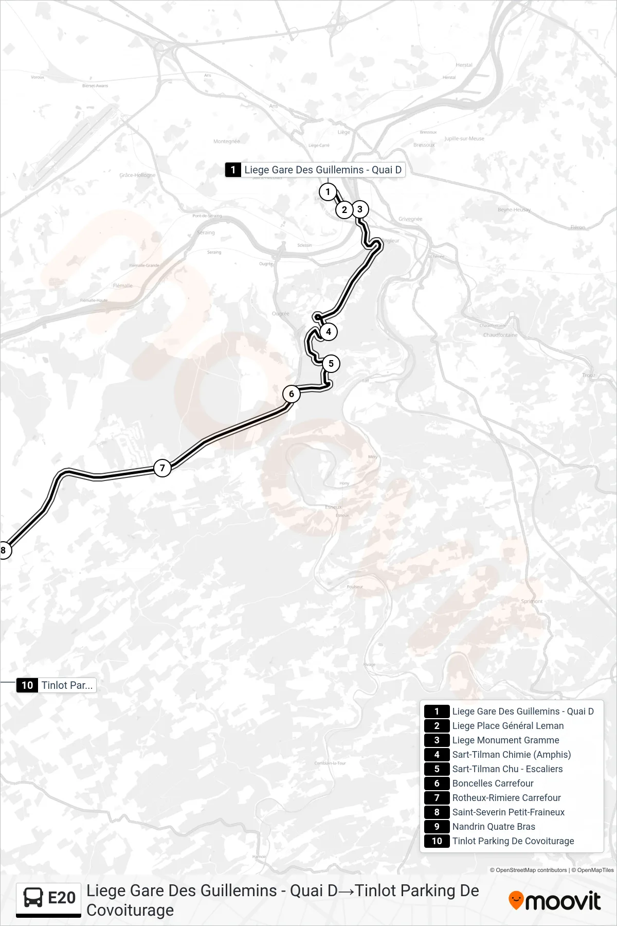 E20 bus Line (Liege Guillemins Station - Platform D→Tinlot Carpooling Parking) route and stops on a map