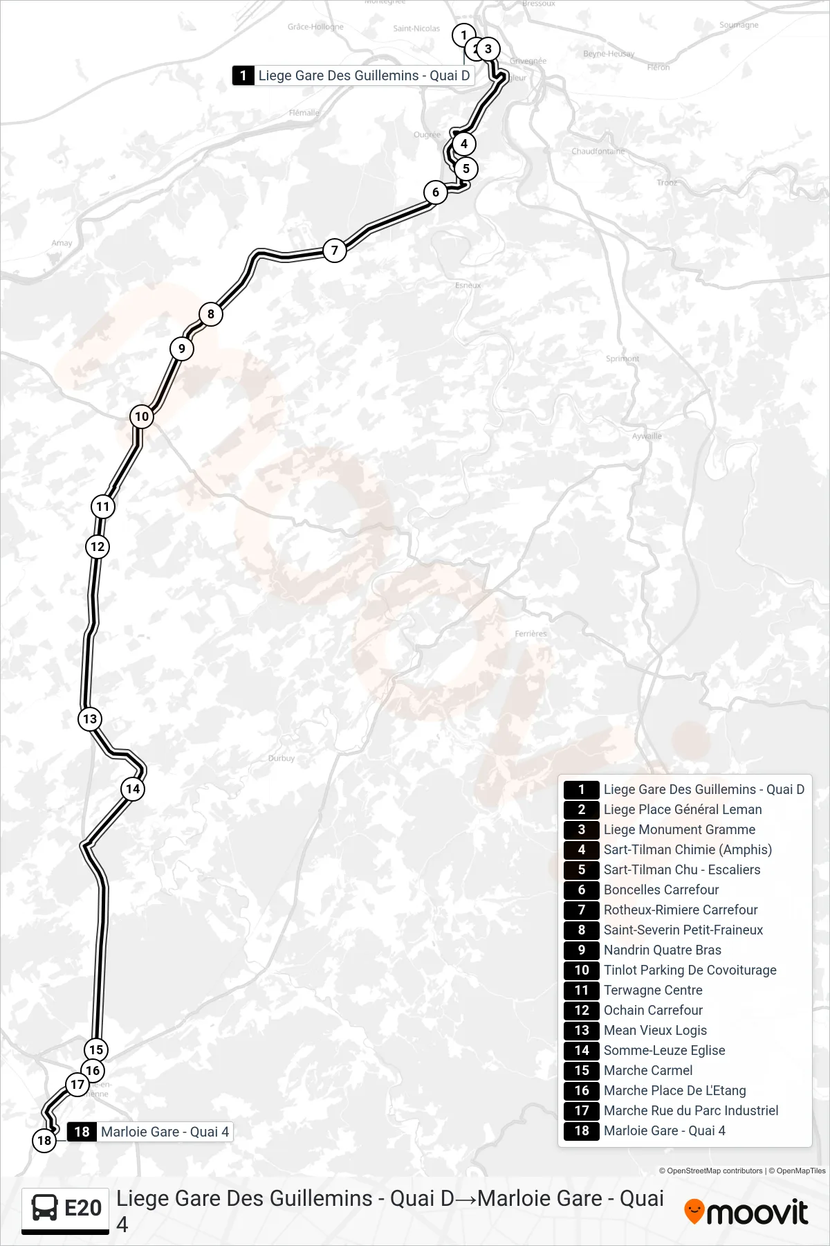 Lijn E20 (bus, Liege Gare Des Guillemins - Quai D‎→Marloie Gare - Quai 4): route en haltes op de kaart