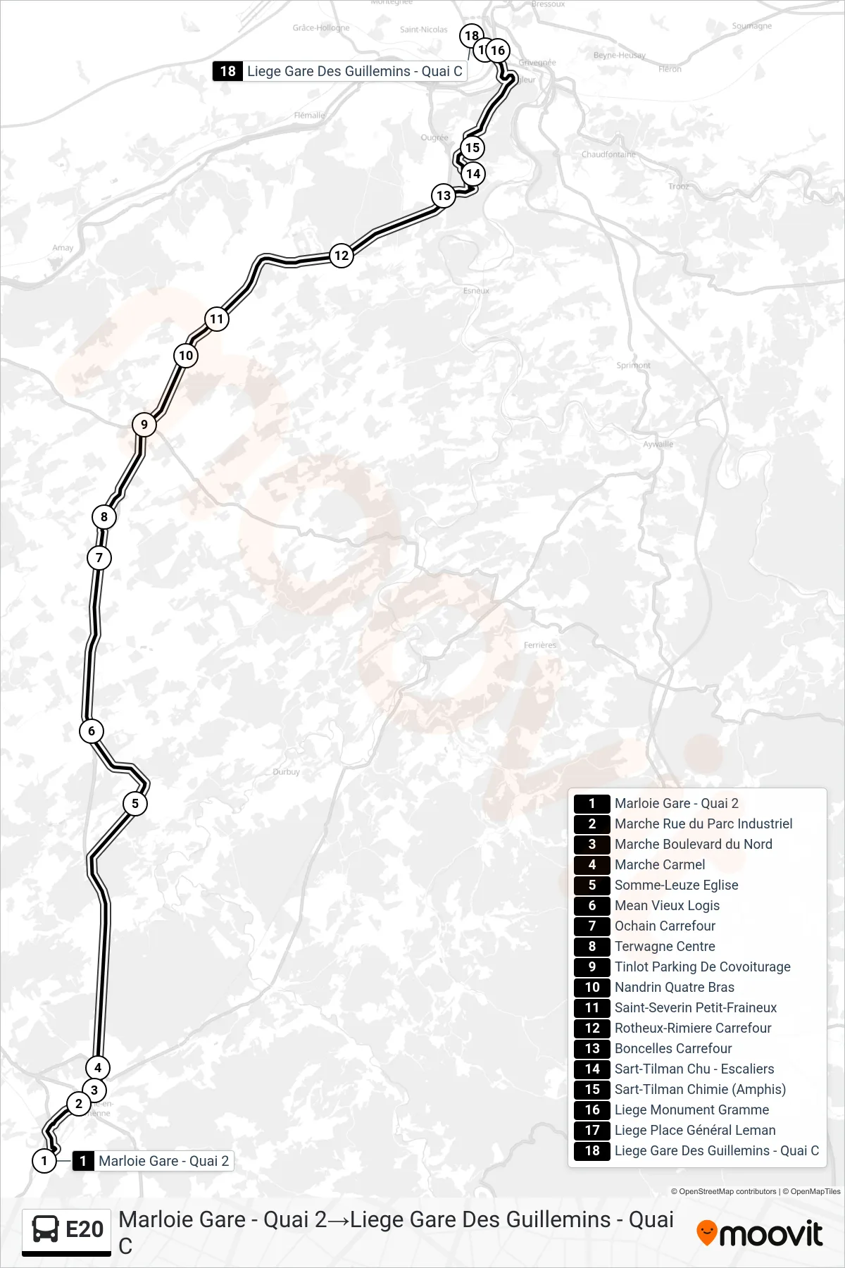 Lijn E20 (bus, Marloie Gare - Quai 2‎→Liege Gare Des Guillemins - Quai C): route en haltes op de kaart